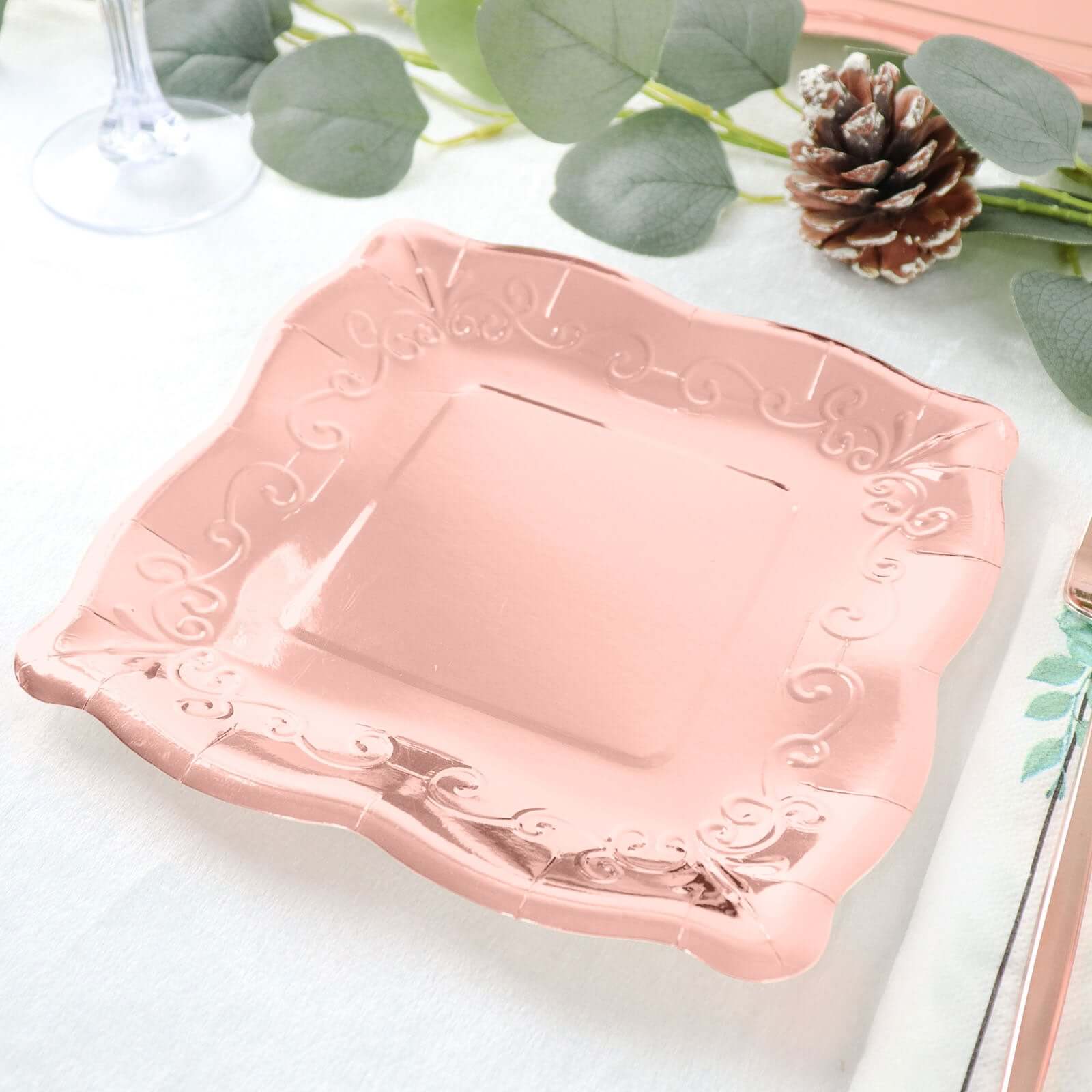 Hot Sale! 25-Pack Disposable Rose Gold Square Dessert Appetizer Paper Plates with Vintage Pottery Embossed Design