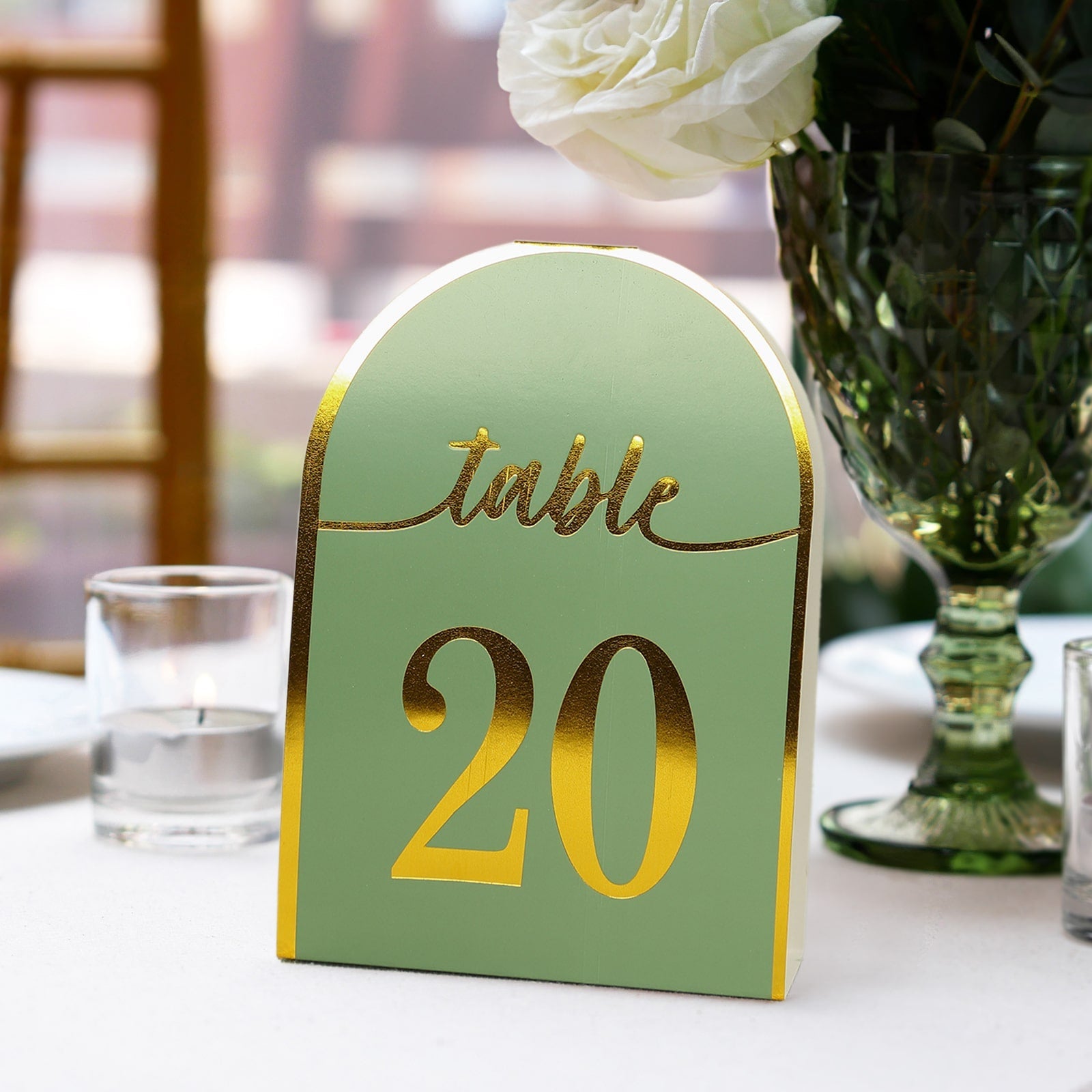 Hot Deal! 25-Pack Sage Green Disposable Double-Sided Table Numbers with Gold Foil 1-25