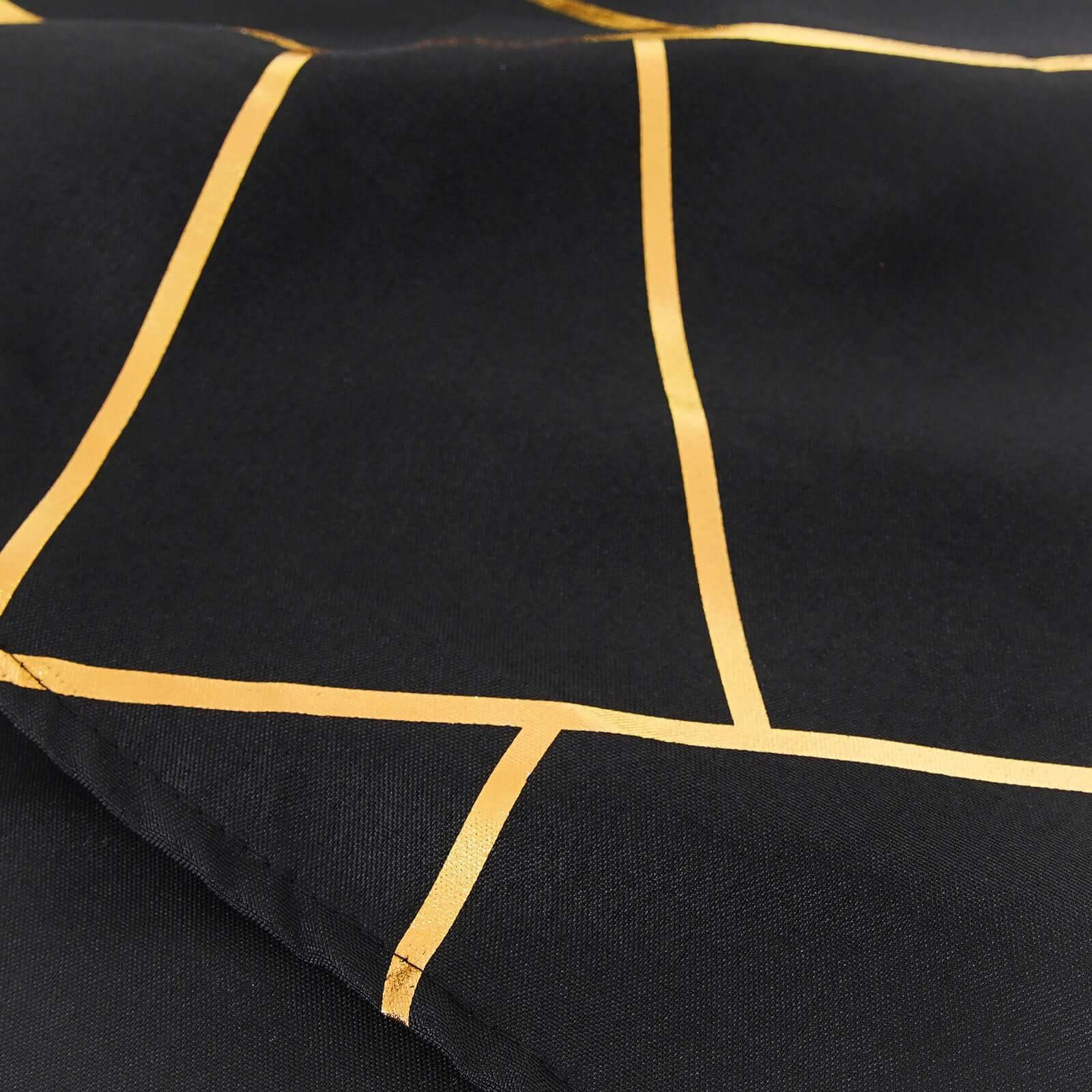 Hot Sale! Wrinkle-Resistant Polyester Black Seamless Tablecloth with Gold Foil Geometric Pattern, 90x132