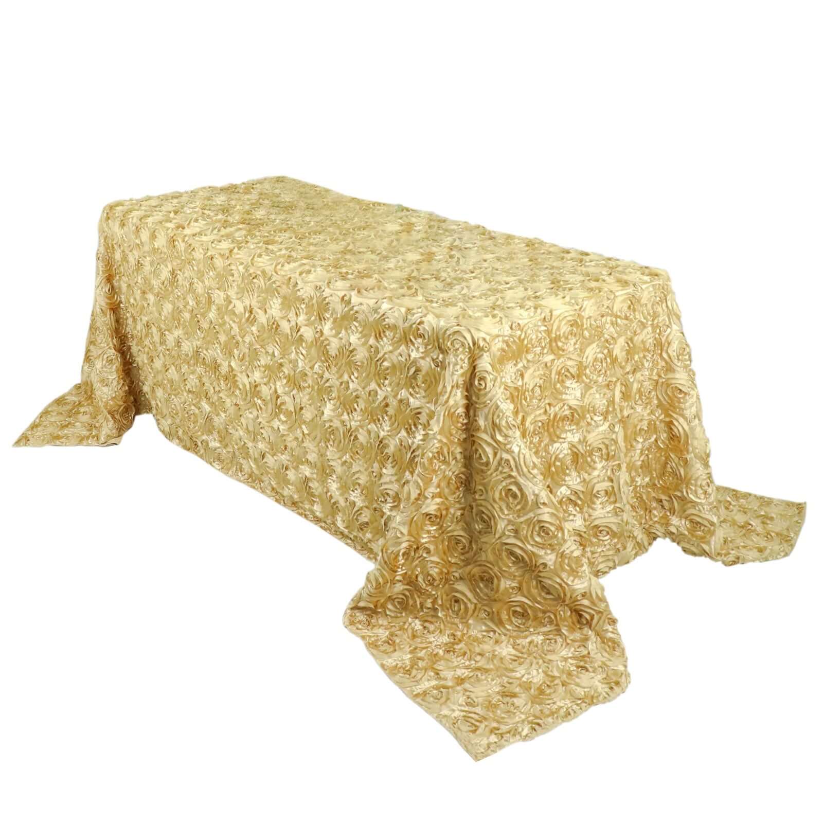 Champagne Satin 90x132 Rectangle Tablecloth with Stunning 3D Rosette Design