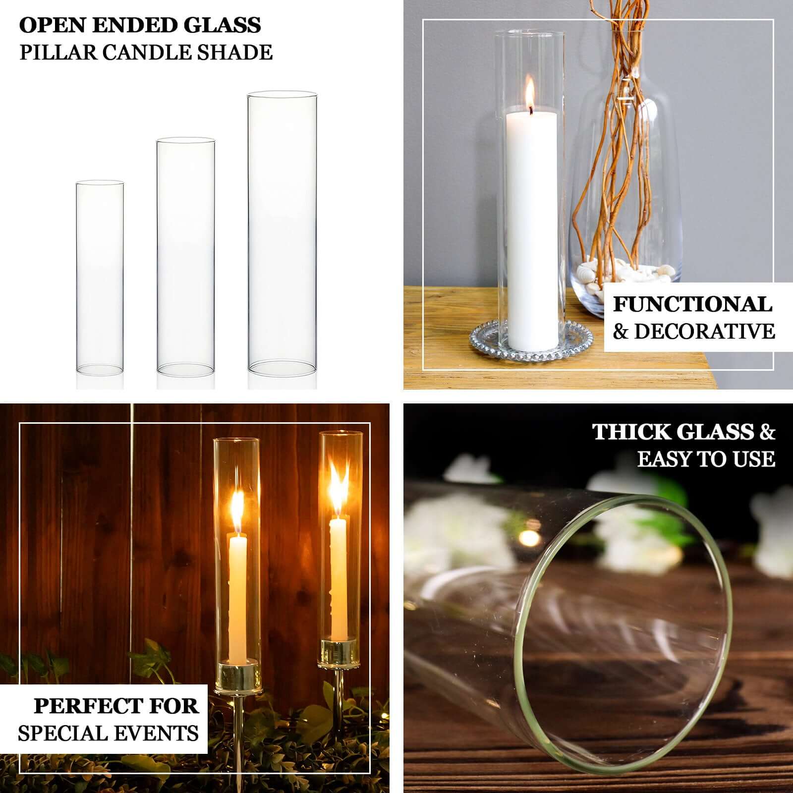 Hot Deal! 2-Pack Clear Glass Pillar Hurricane Candle Shades, 12" Tall with 2.25" Open Ends