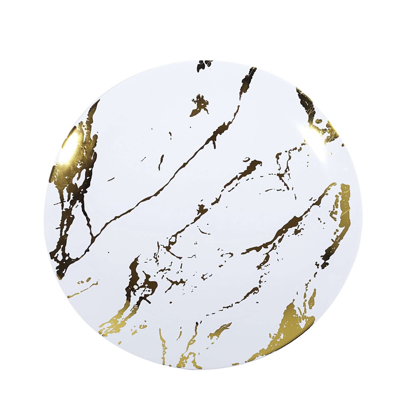 10-Piece Set of White Plastic Round Dinner Plates with Gold Marble Print for Elegant Parties