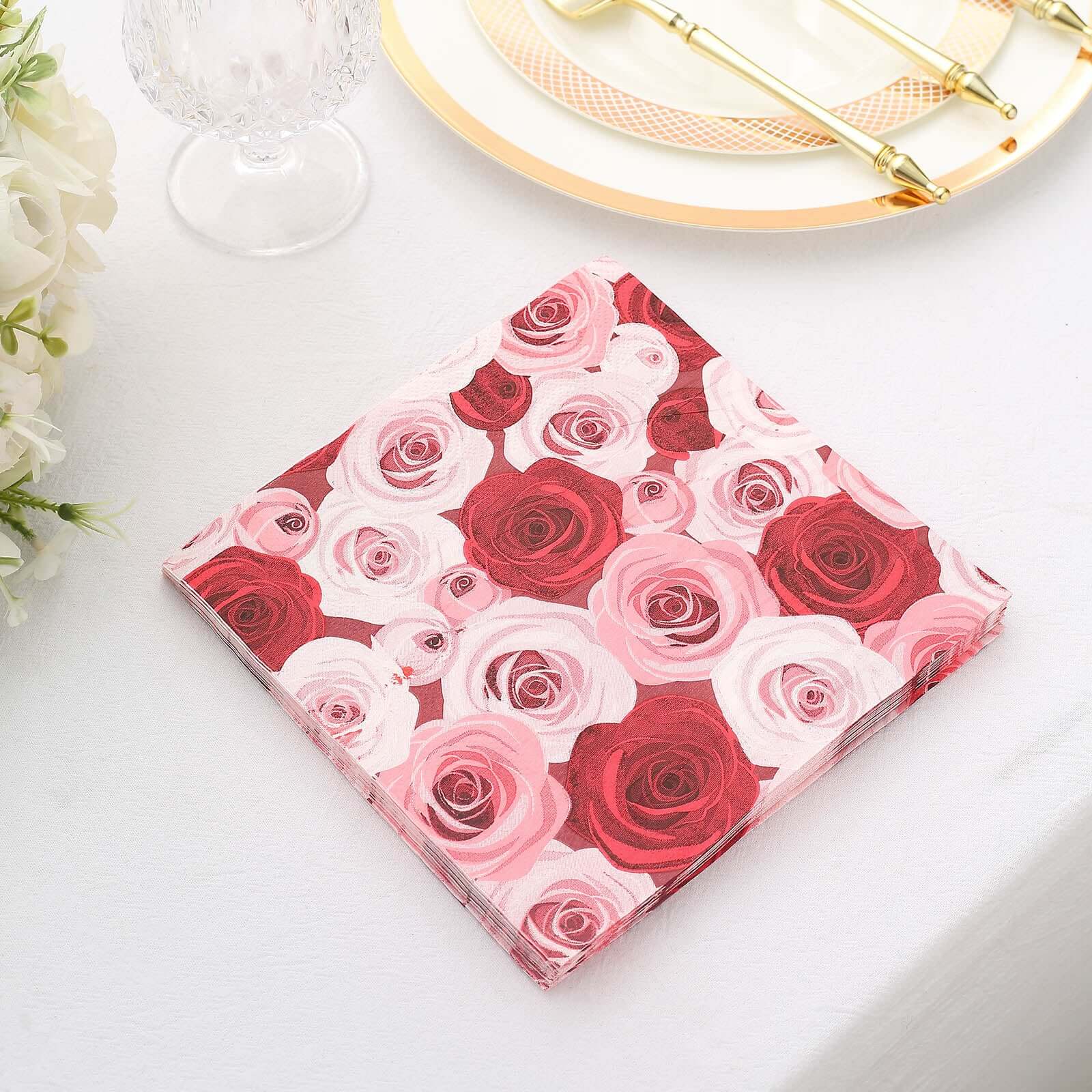 50-Pack 2-Ply Soft 18GSM Red/Pink Floral Design Paper Beverage Napkins for Weddings