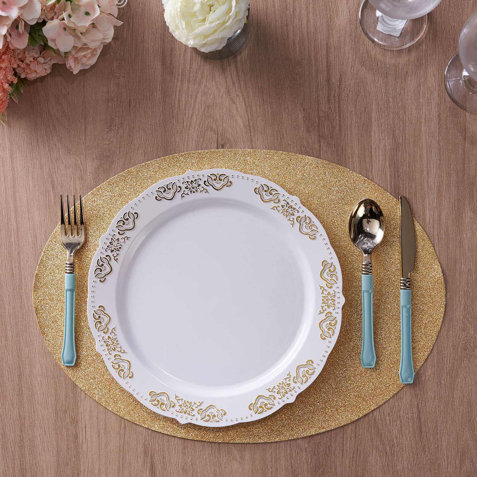 Hot Sale! 6-Piece Set of Champagne-Colored Glittery Oval Non-Slip Vinyl Placemats for Table Decor