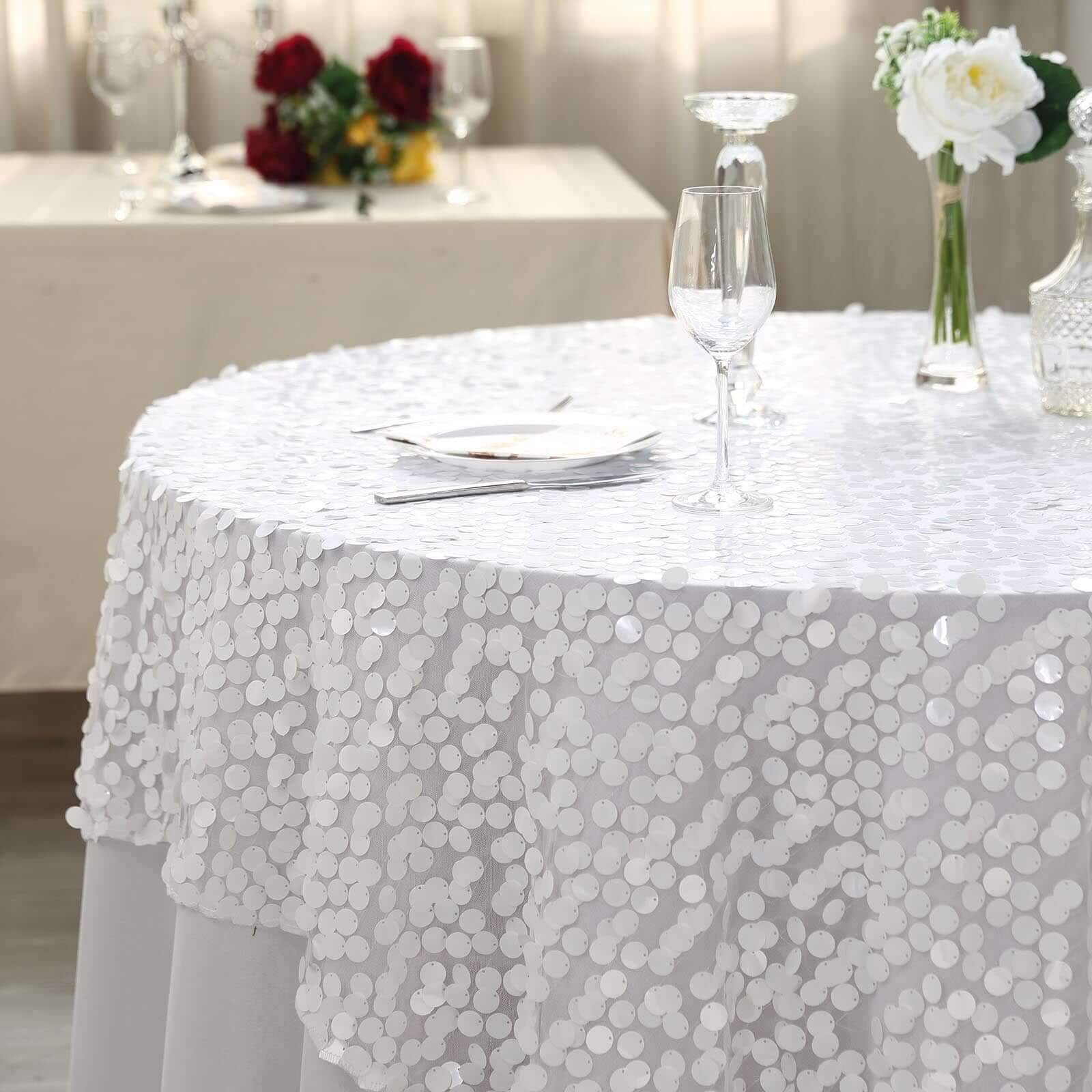 Big Payette White Sequin 72x72 Square Table Overlay for Elegant Celebrations