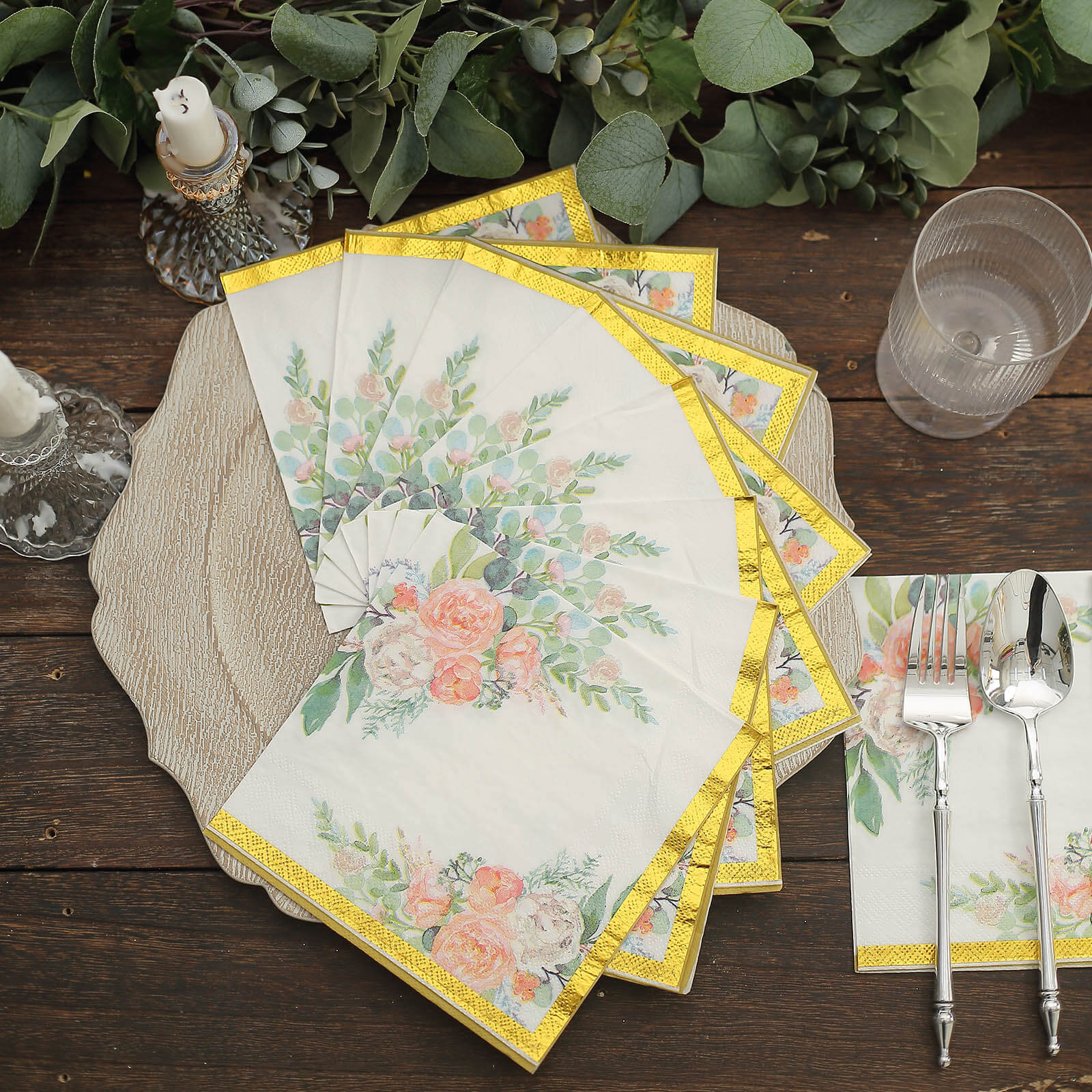 20-Pack 18GSM 2-Ply Wedding Paper Cocktail Napkins with Pink Peony Floral & Gold Trim
