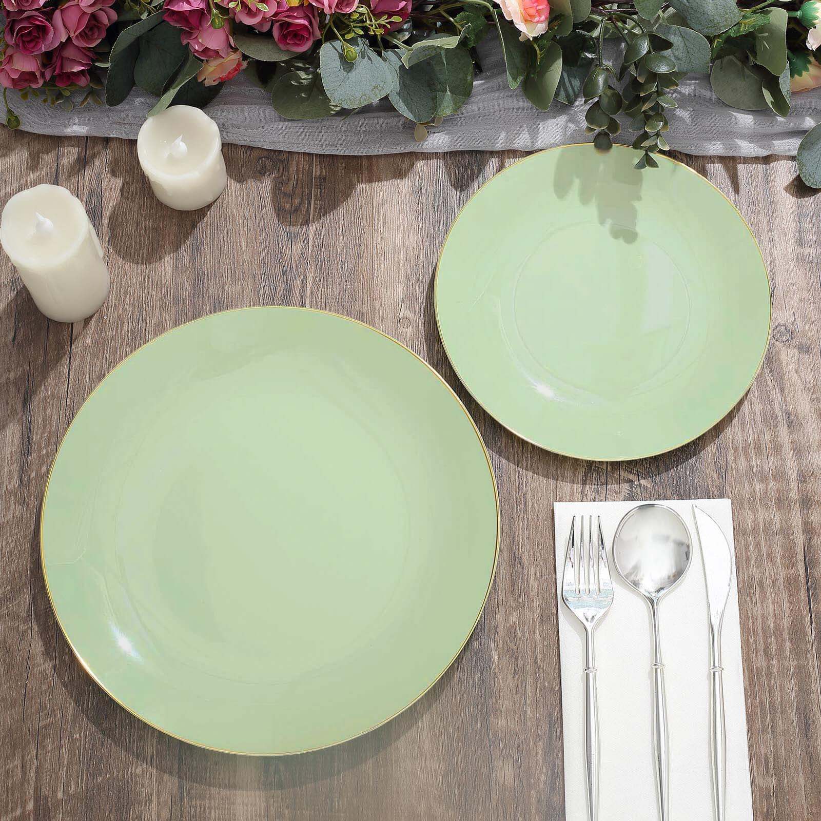 Hot Deal! 10-Pack 8" Sage Green Plastic Dessert Plates with Gold Rim - Disposable & Sturdy