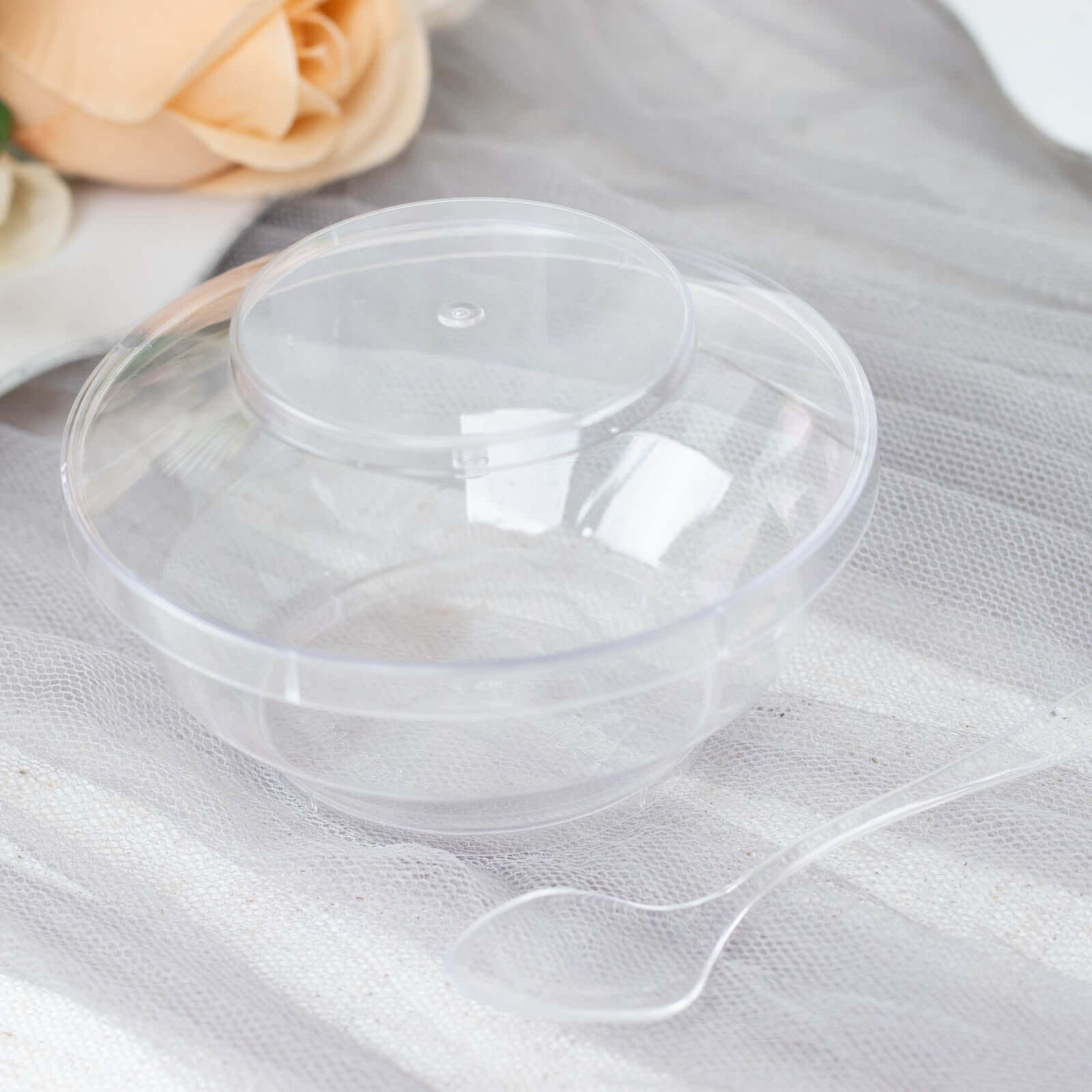 24-Piece Clear Plastic Mini Party Bowl Set with Lid and Spoon - 3.5oz Ideal for Desserts