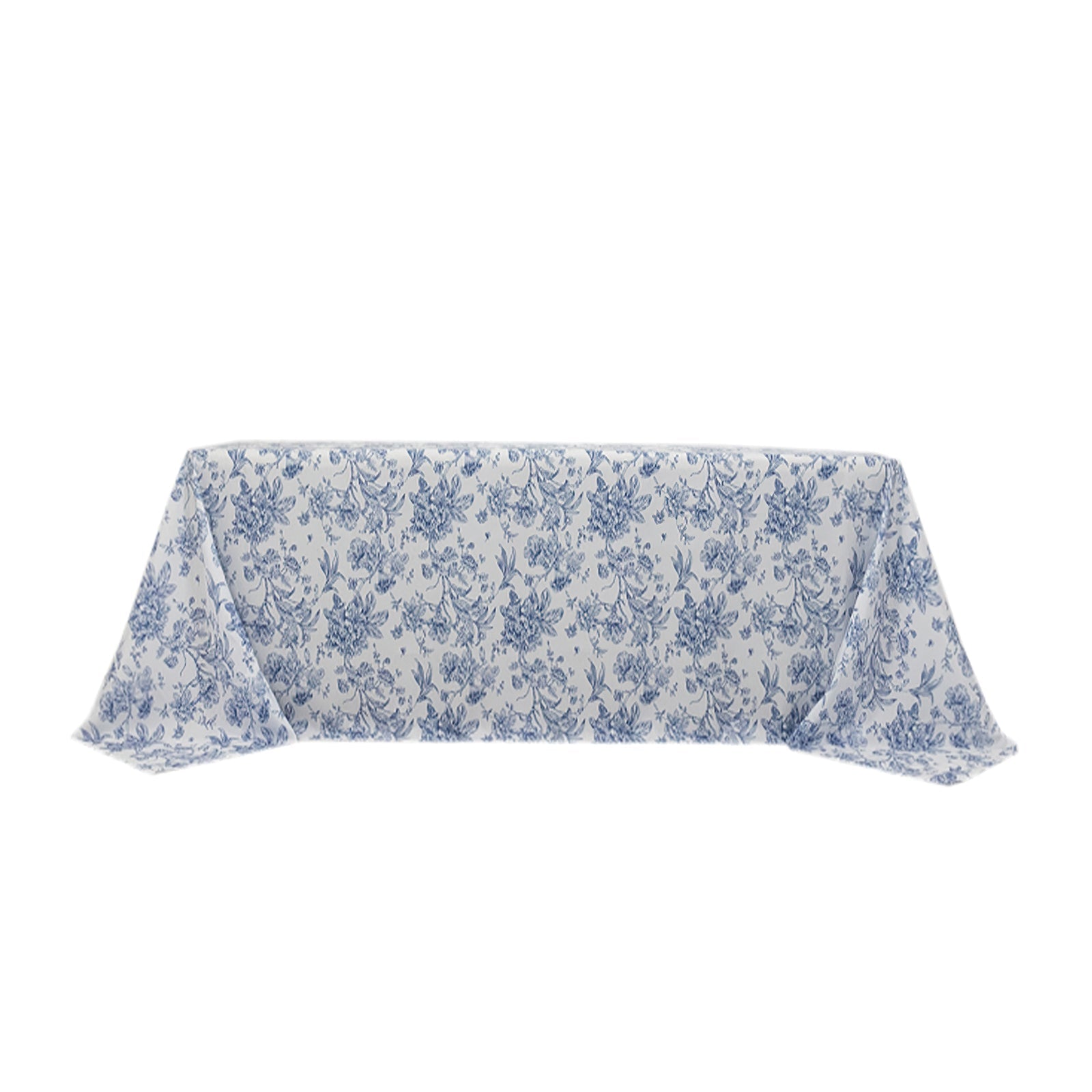 White Polyester Rectangle Tablecloth with Seamless Blue French Toile Pattern for Elegant Events