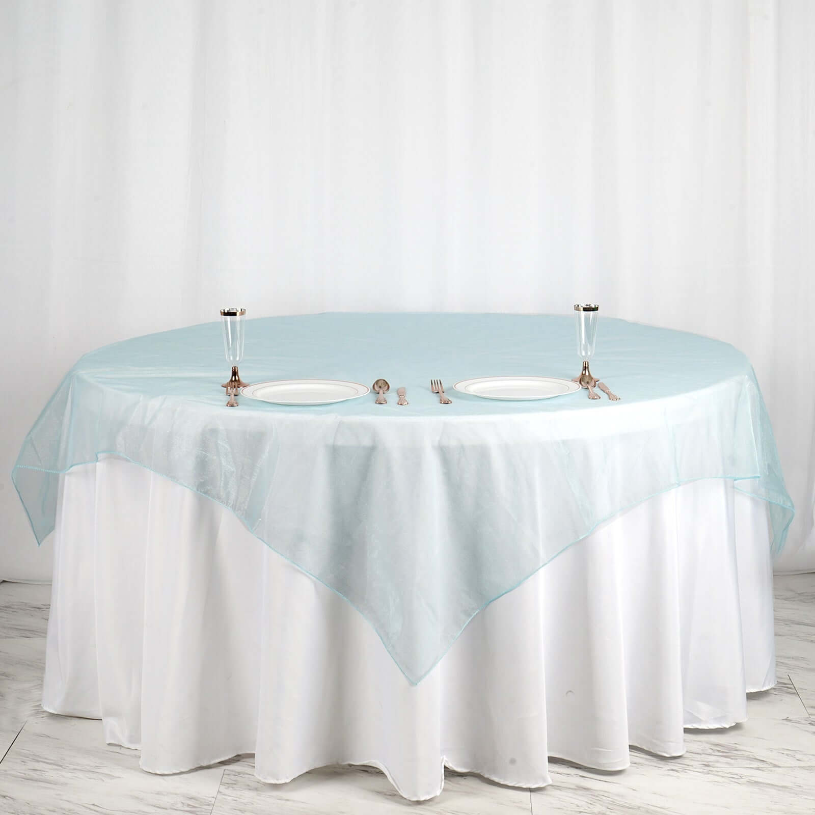 Hot! Light Blue Organza 72x72 Square Table Overlay - Sheer Table Cover