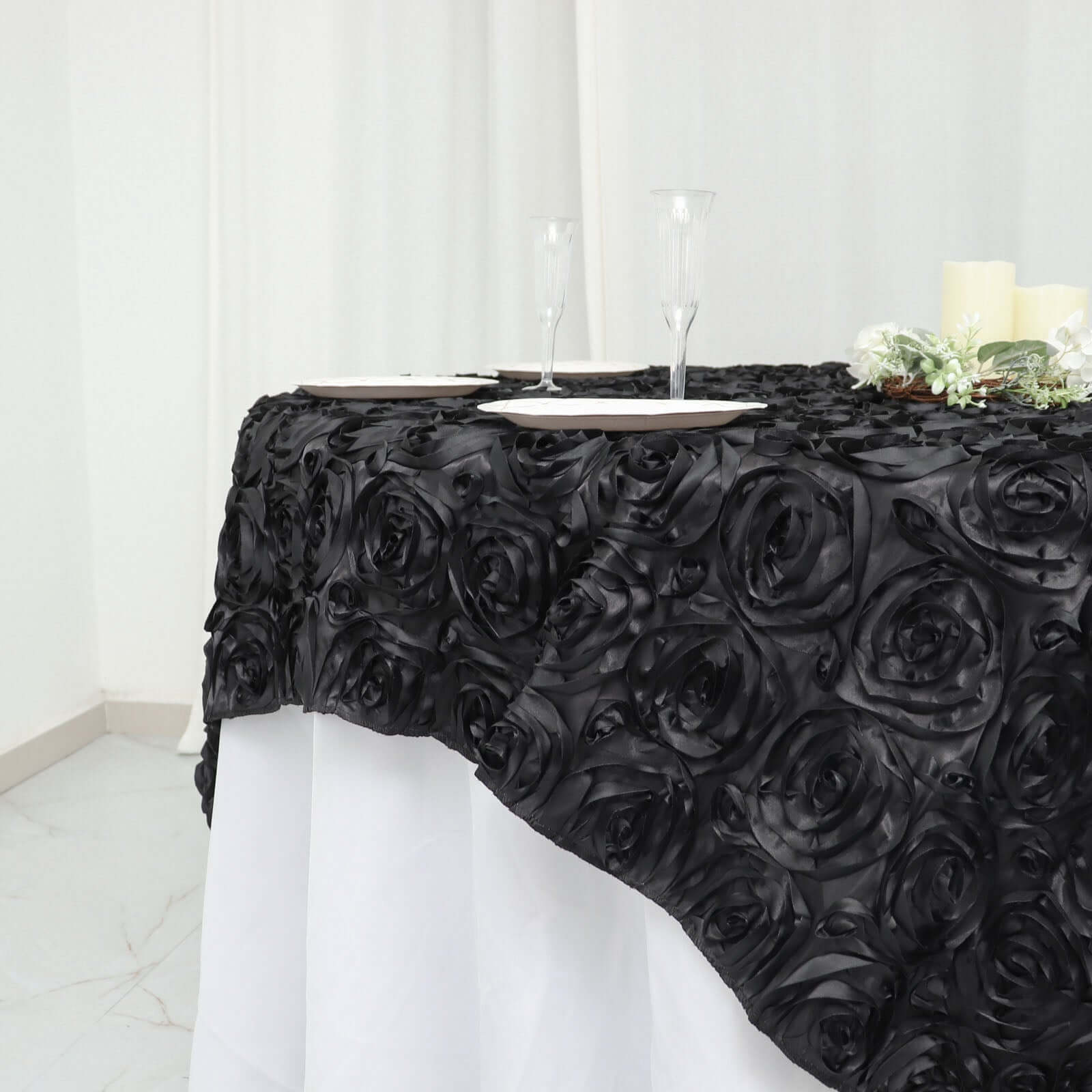 Black 72x72 Satin Square Table Overlay with 3D Rosette Design - Ideal for Stylish Events