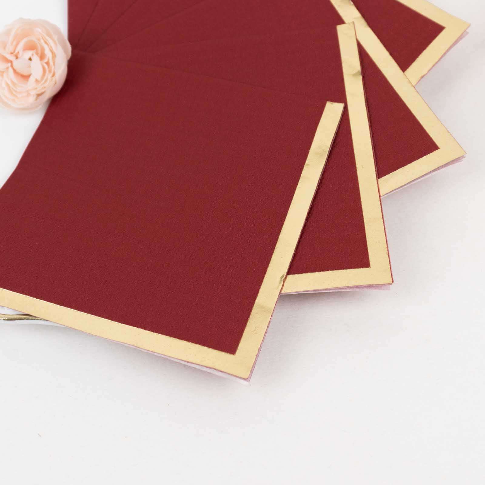 Hot! 50-Pack 2-Ply Disposable Burgundy Cocktail Napkins with Gold Foil Edge, 18GSM