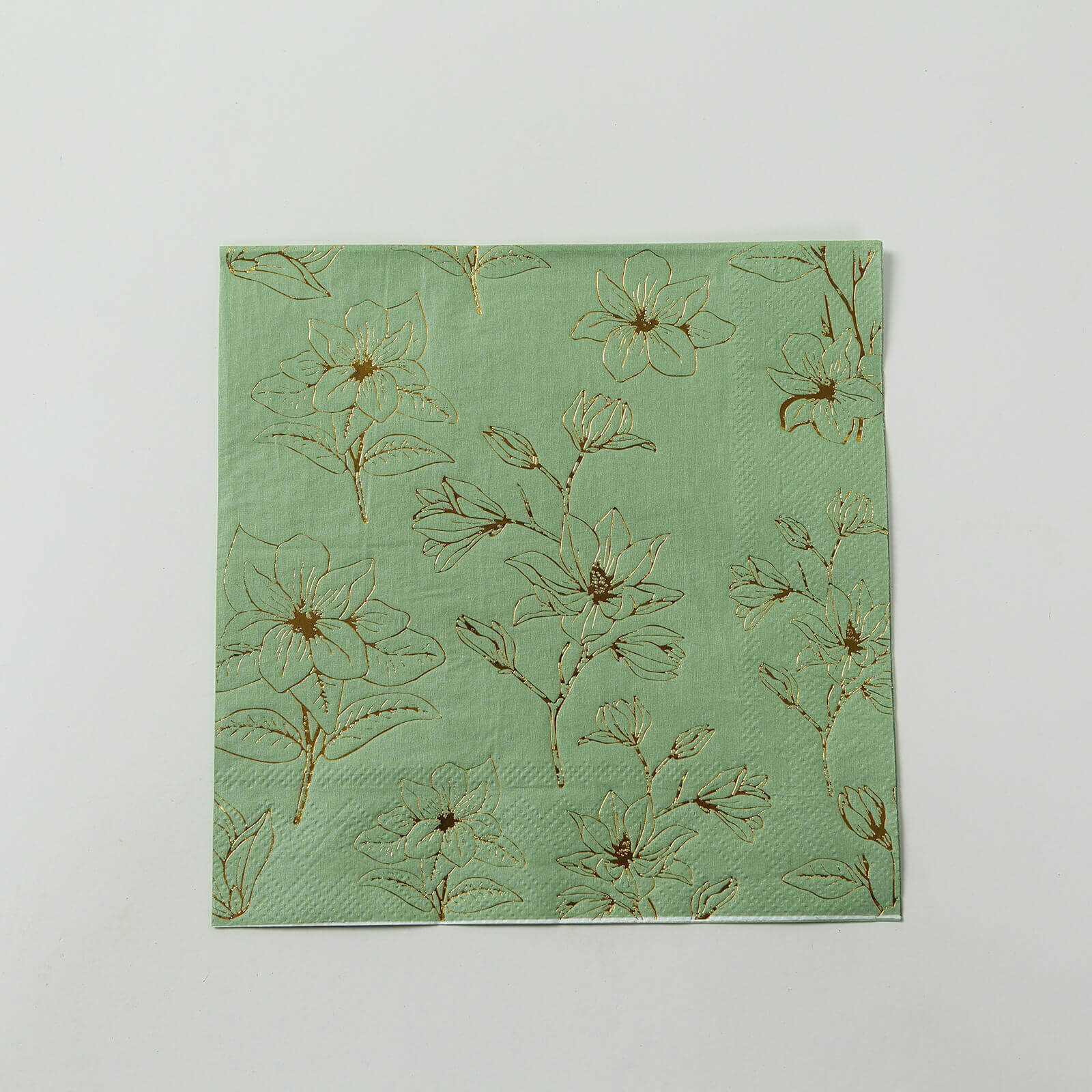 50-Pack Premium 2-Ply Absorbent Soft Paper Cocktail Napkins with Gold Magnolia Print in Sage Green