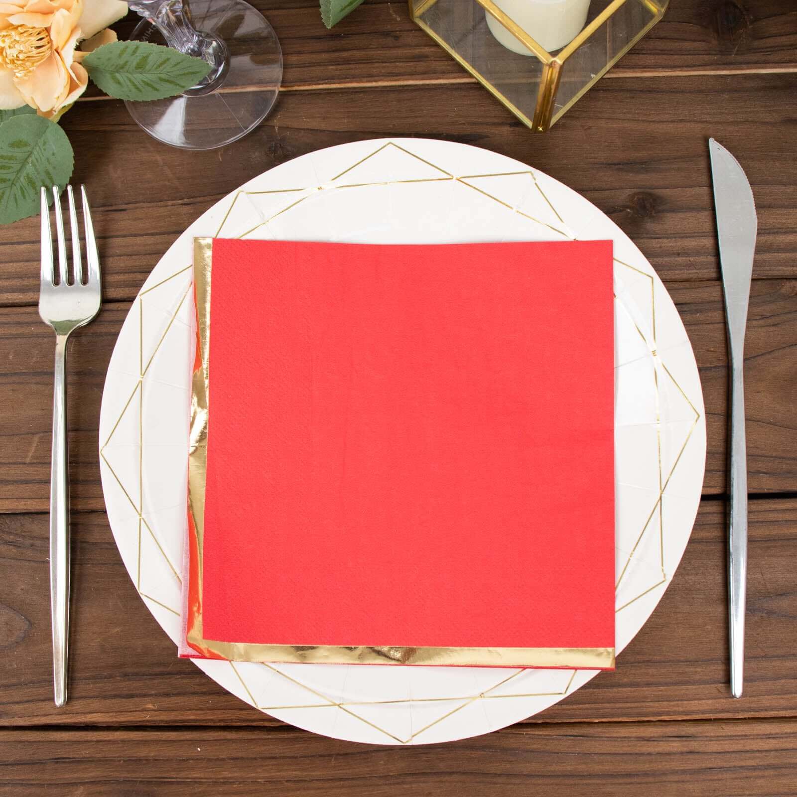 Hot! 50-Pack Red Disposable 2-Ply Cocktail Napkins with Gold Foil Edge, 6.5x6.5