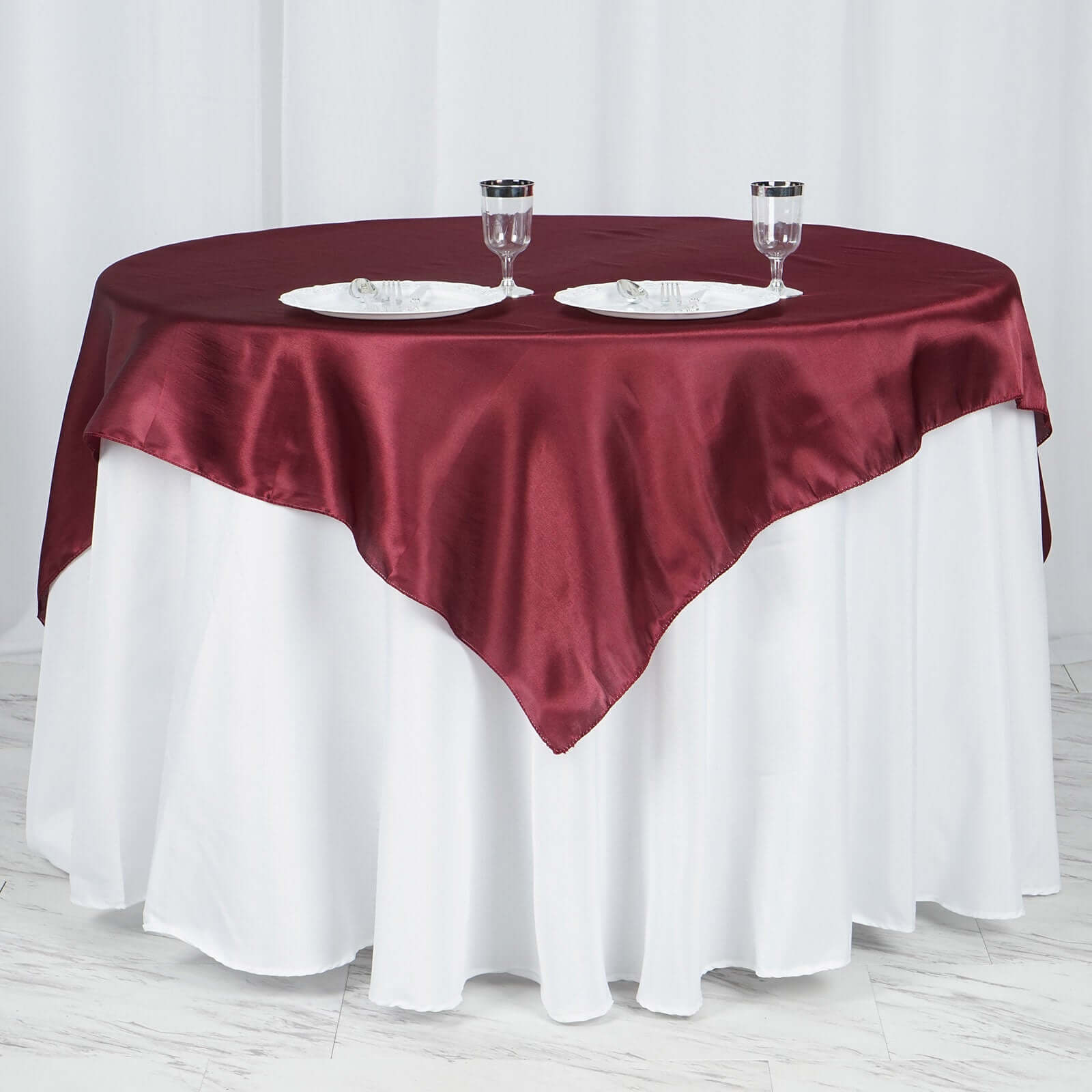 Hot! Burgundy Satin 60x60 Square Table Overlay - Smooth & Silky Table Cover