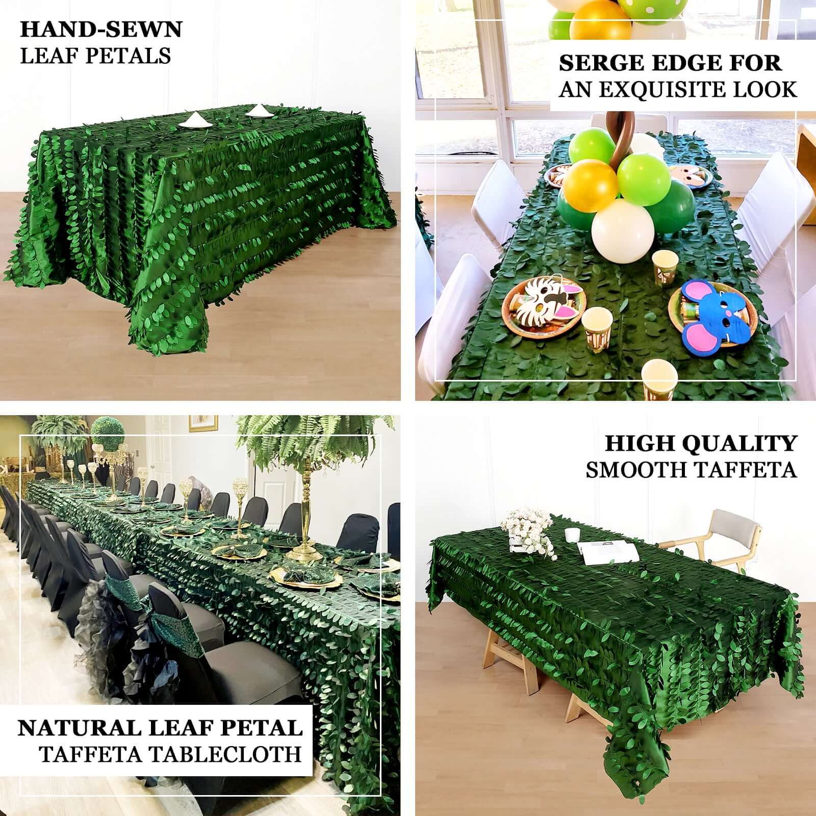 Exclusive Green Taffeta Rectangle Tablecloth with 3D Leaf Petal Design