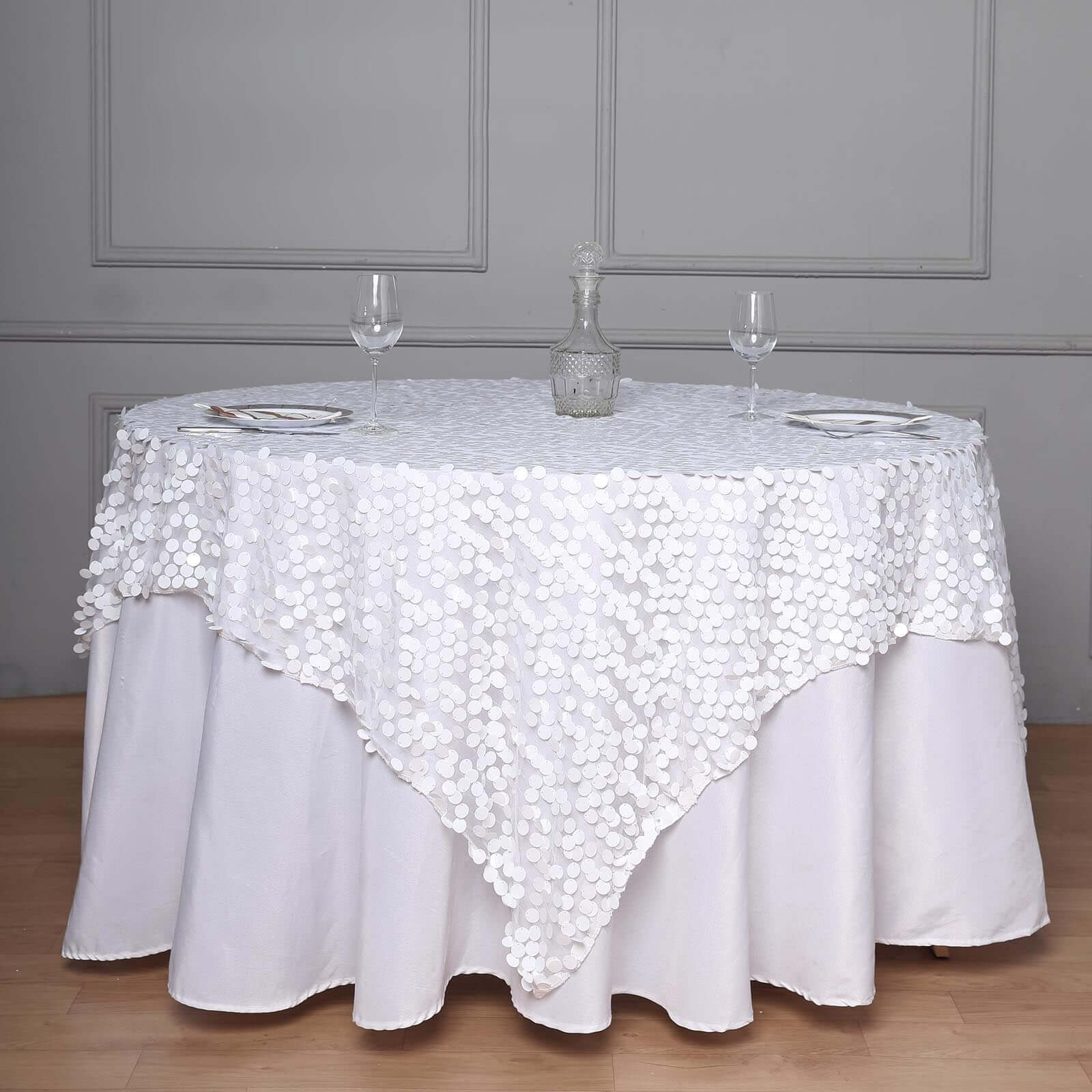 Big Payette White Sequin 72x72 Square Table Overlay for Elegant Celebrations