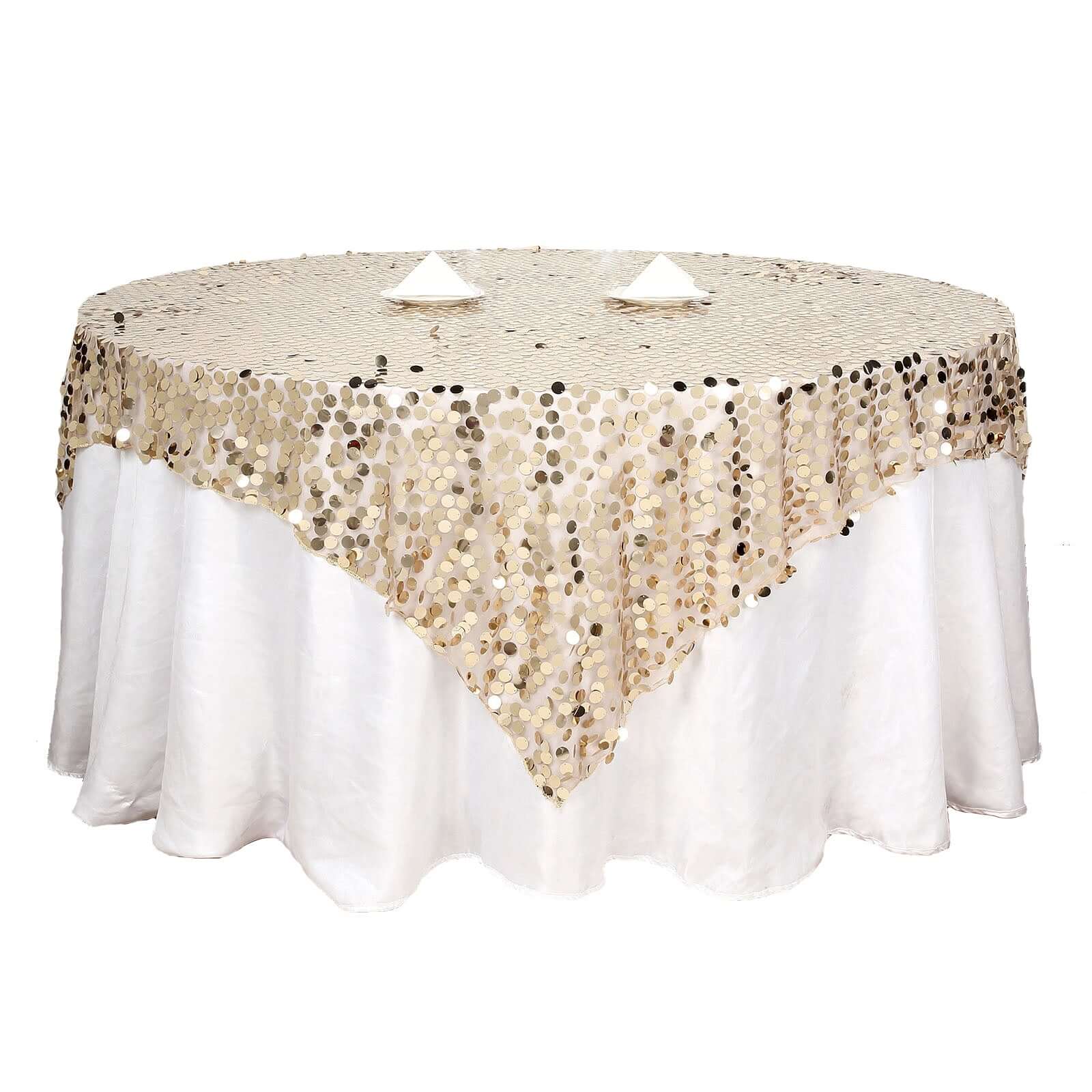 Champagne Sequin 72x72 Square Table Overlay for Big Payette Tables