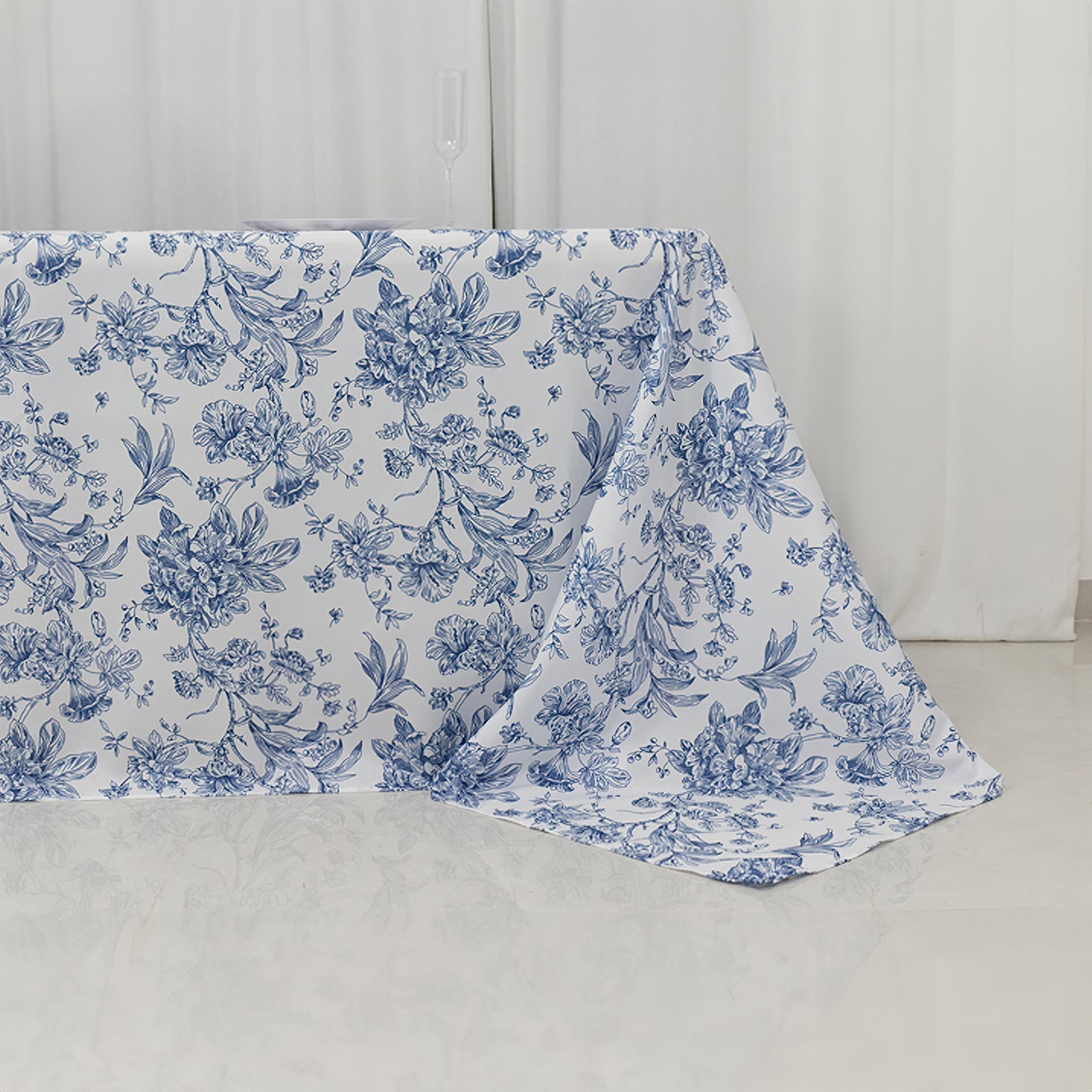 White Polyester Rectangle Tablecloth with Seamless Blue French Toile Pattern for Elegant Events