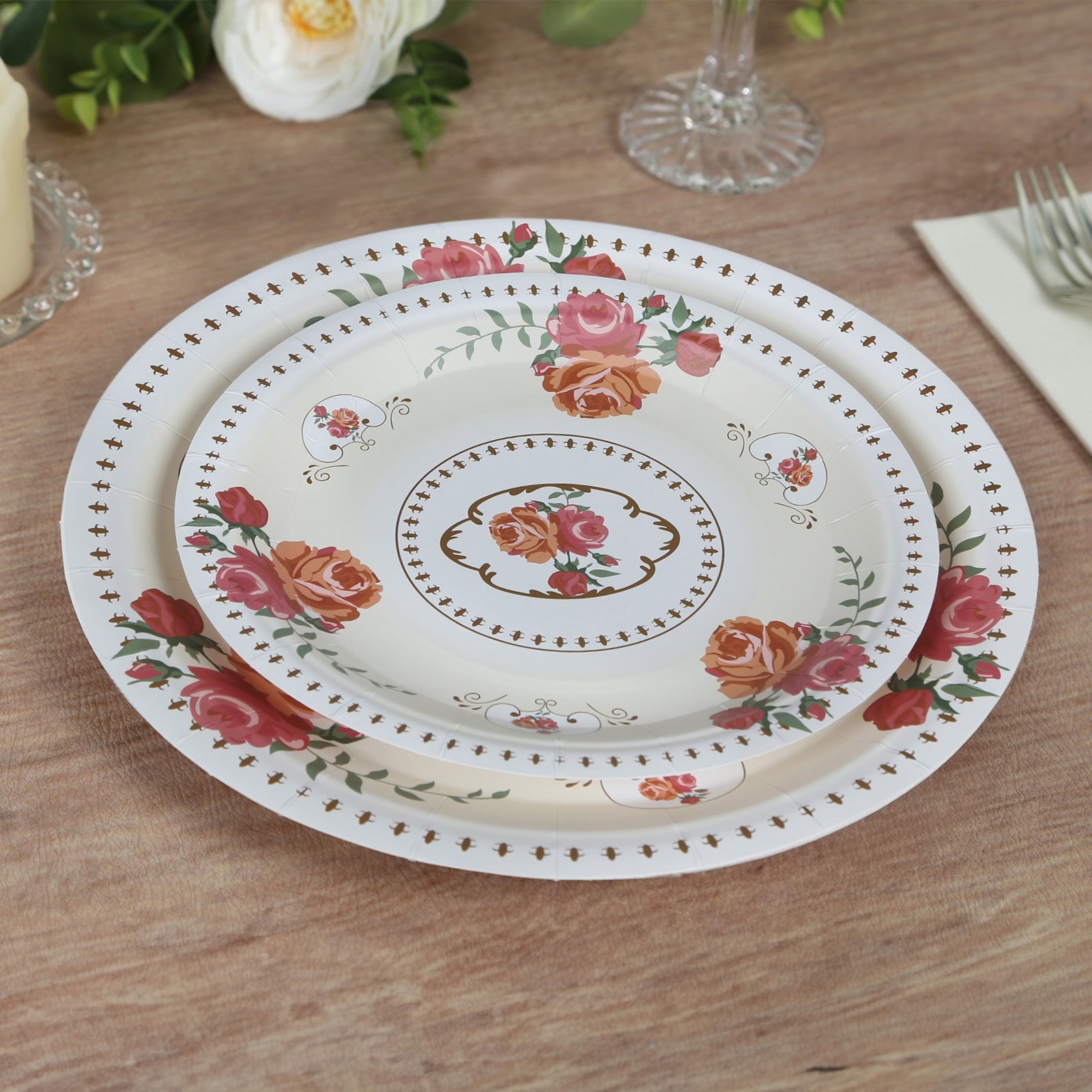 25-Piece Set of Disposable Ivory Paper Round Dessert Plates with Vintage Rose Prints - Ideal for Bridal Showers & Garden Luncheons