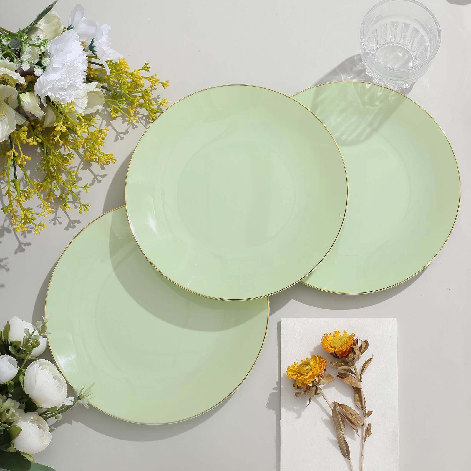 Hot Deal! 10-Pack 8" Sage Green Plastic Dessert Plates with Gold Rim - Disposable & Sturdy