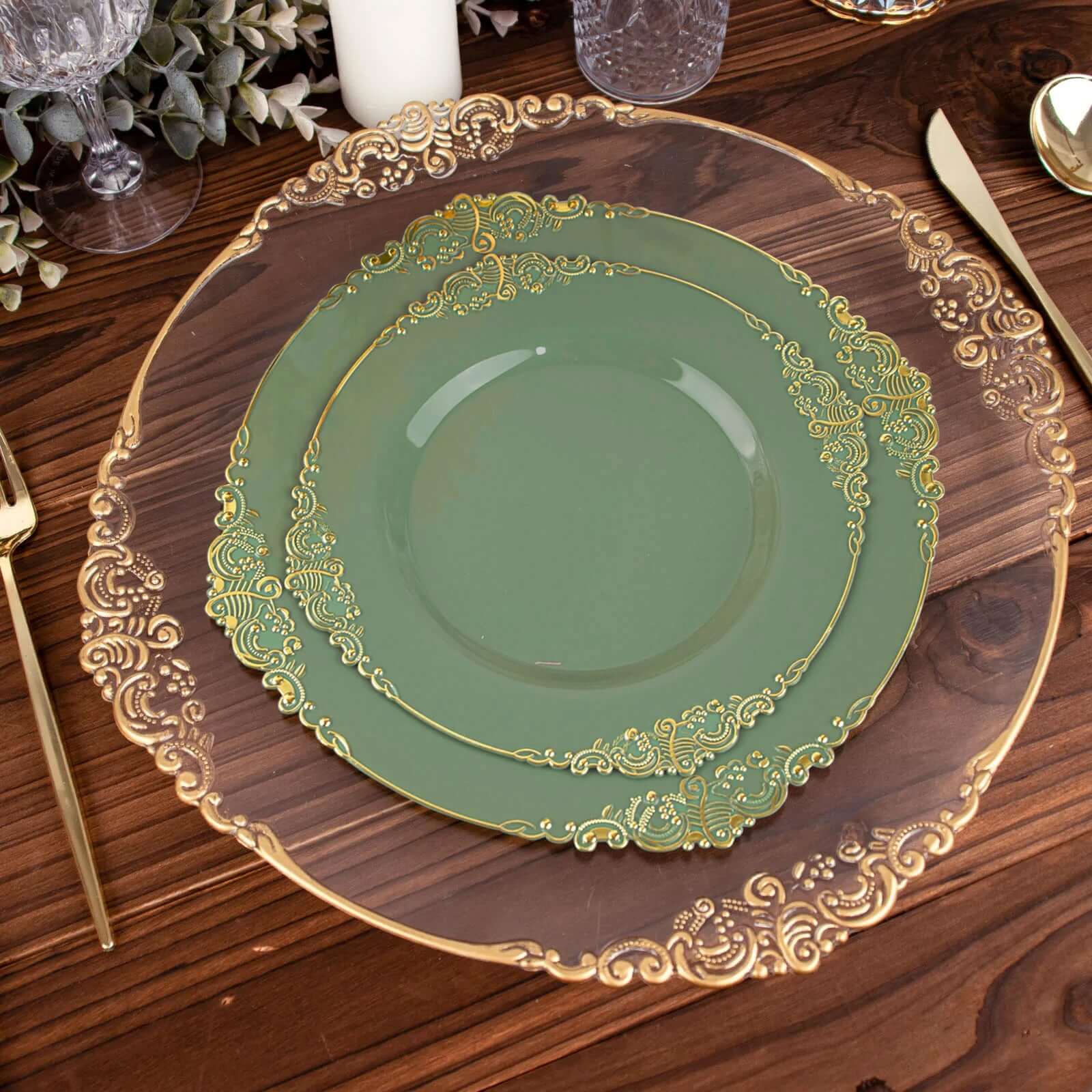 10-Pack Disposable Vintage Baroque Style Plastic Round Salad Dessert Plates in Dusty Sage Green with Gold Leaf Rim
