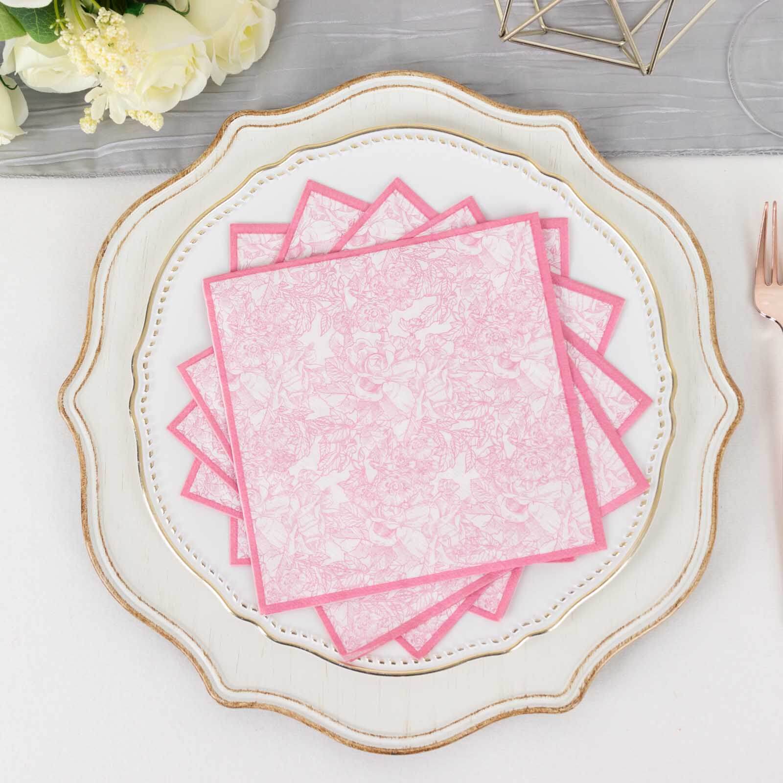 25-Pack Disposable Paper Cocktail Napkins with French Toile Floral Print in White/Pink - Highly Absorbent 2 Ply