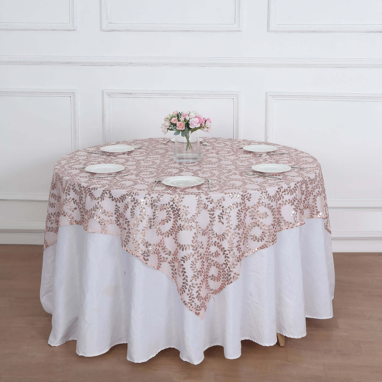Hot Deal! Rose Gold Sequin Leaf Embroidered 72x72 Tulle Square Table Overlay