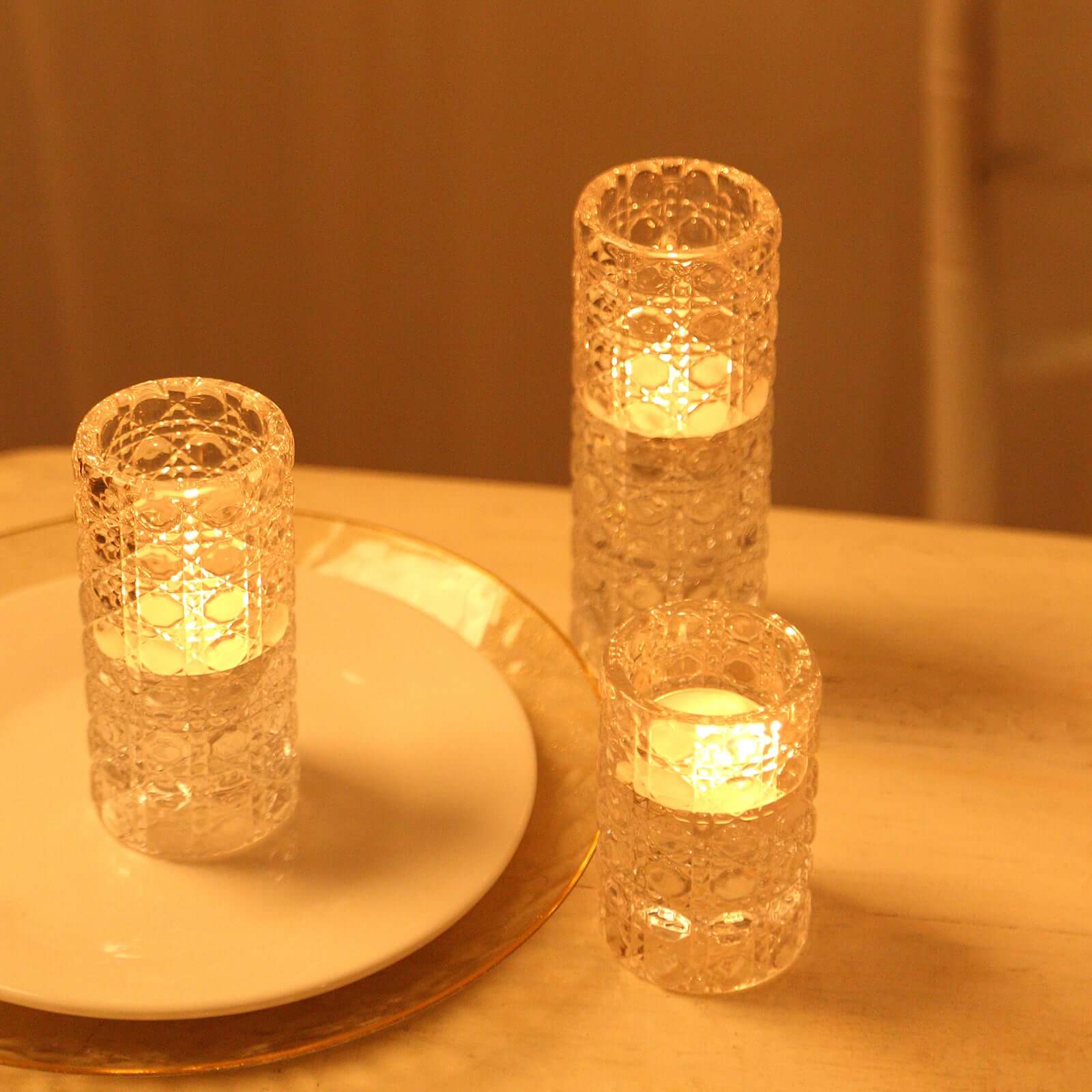 Hot Deal! Set of 3 Clear Glass Taper & Tealight Candle Holders with Gemstone Pattern