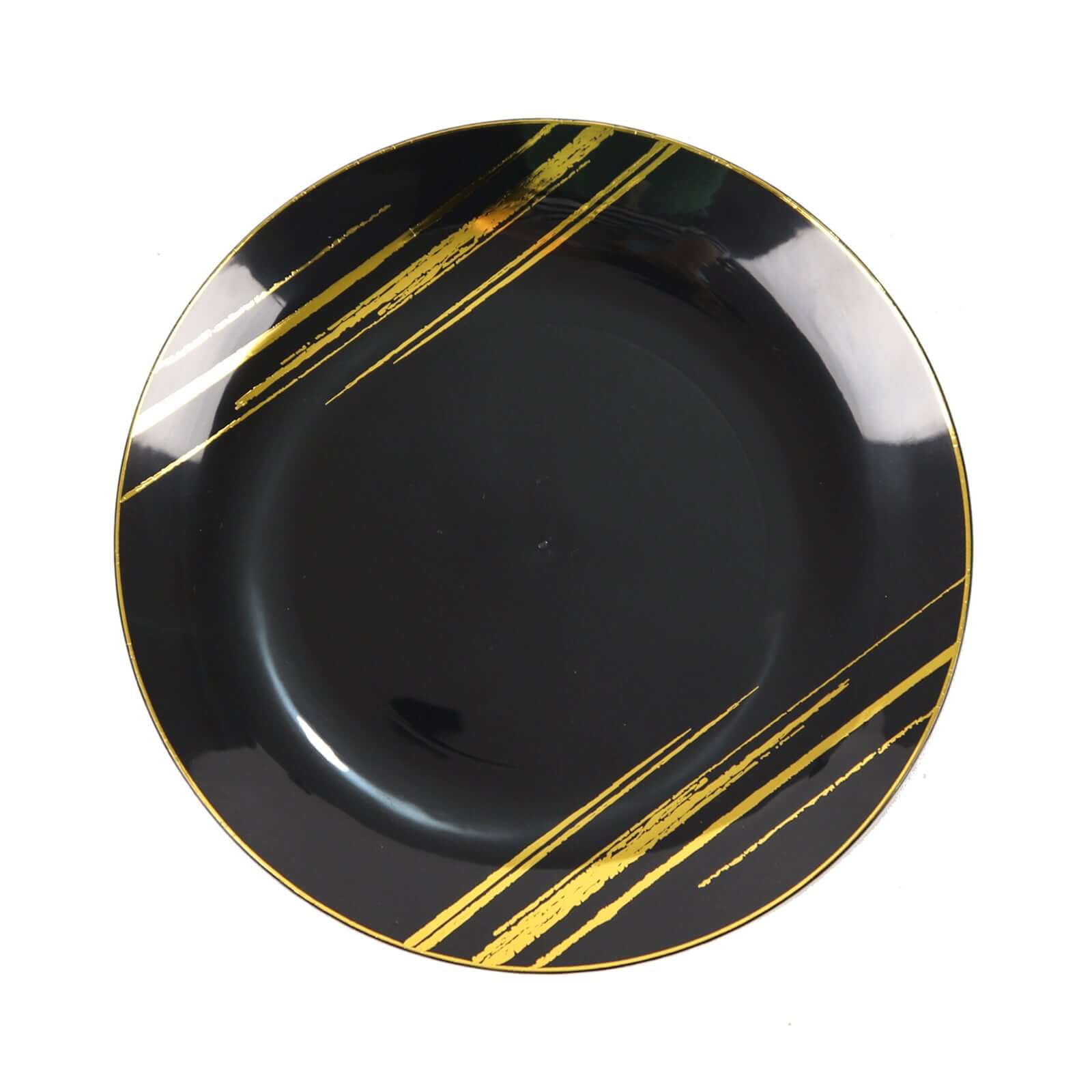 Hot Deal! 10-Pack Disposable Black Plastic Round Dinner Plates with Gold Brush Print