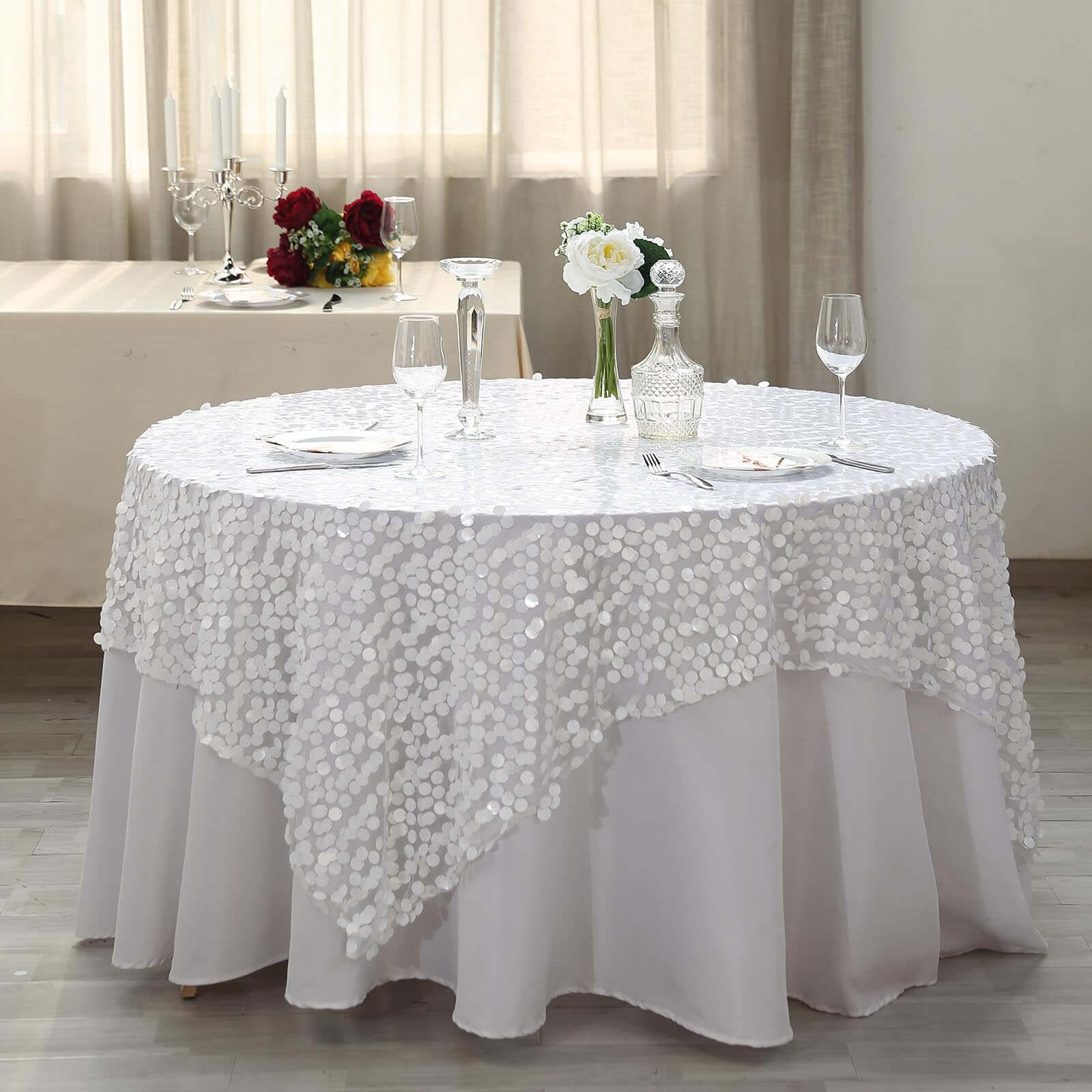 Big Payette White Sequin 72x72 Square Table Overlay for Elegant Celebrations