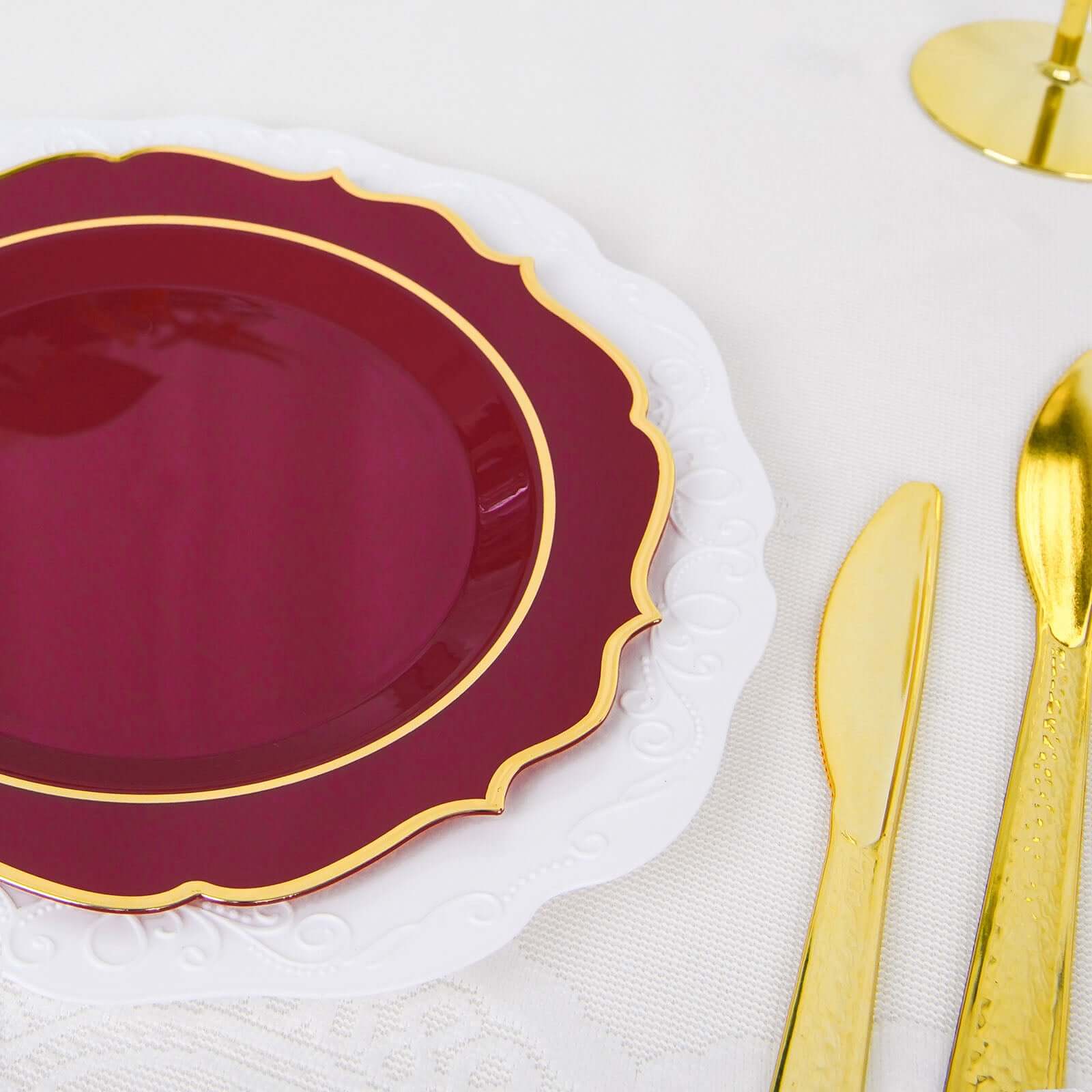 10-Piece Set of Disposable Burgundy Plastic Round Desert Plates with Gold Scalloped Rim, 8-Inch