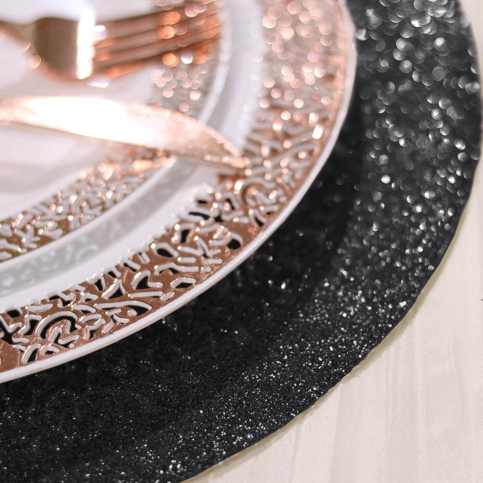 6-Piece Set of Non-Slip Black Glitter Round Placemats, 13 Inches