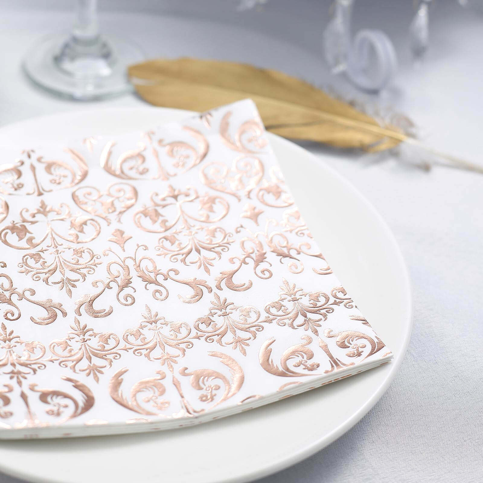 20-Pack Disposable 3-Ply Vintage Rose Gold Metallic Print Paper Dinner Napkins for Weddings