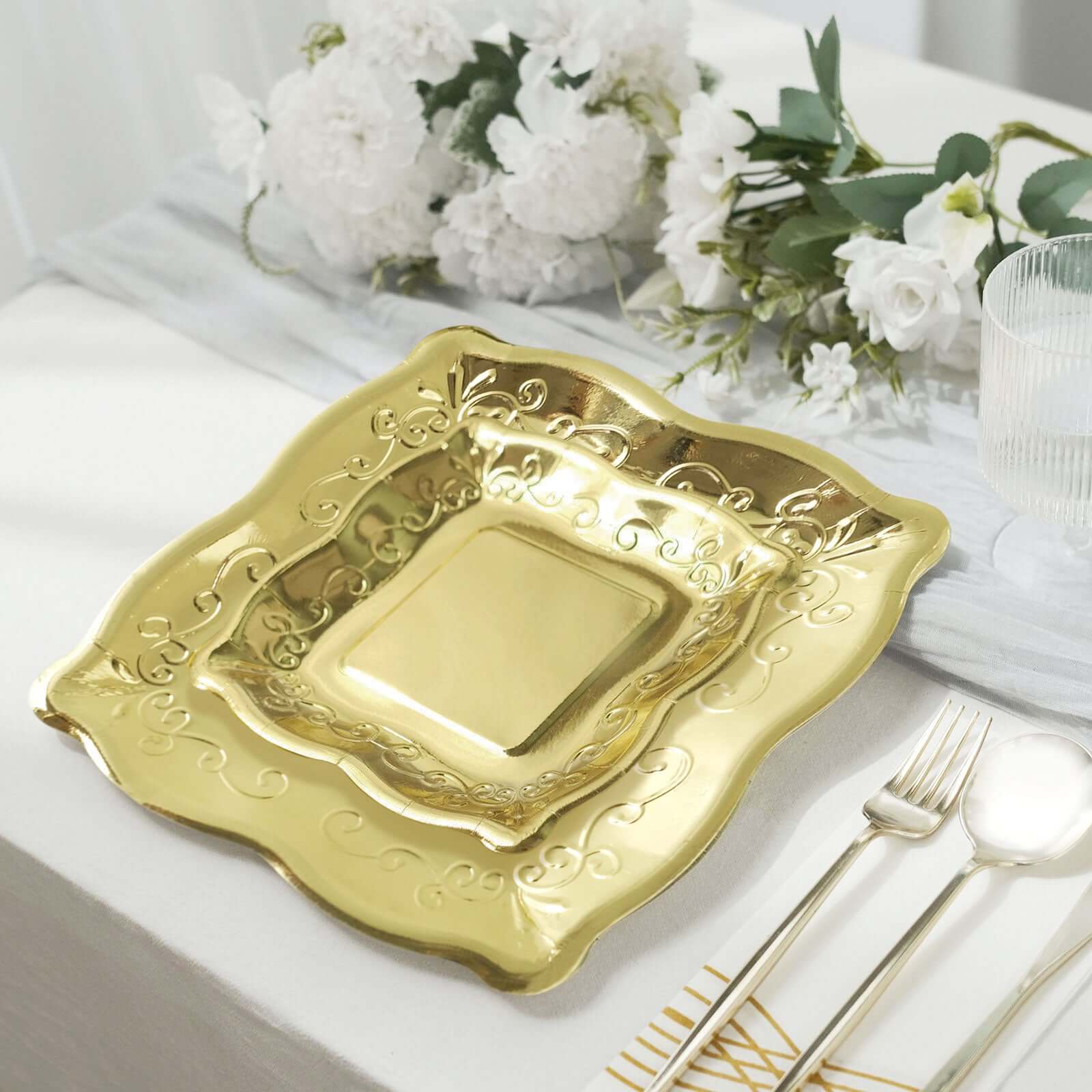 25-Pack Disposable Gold Square Dinner Plates with Vintage Pottery Embossed Design for Glamorous Events