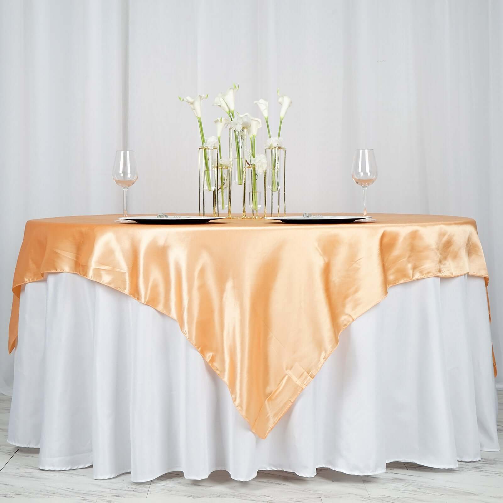 Hot! Peach Satin 72x72 Square Table Overlay with Smooth Finish