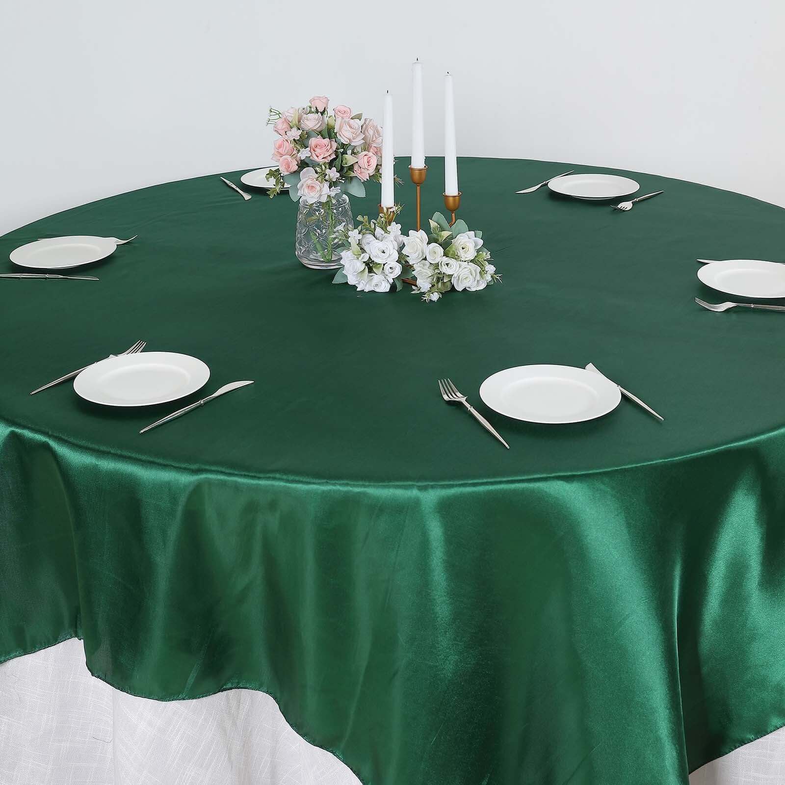 Exclusive Satin Square Table Overlay - 90x90 Hunter Emerald Green Table Topper with Smooth Finish