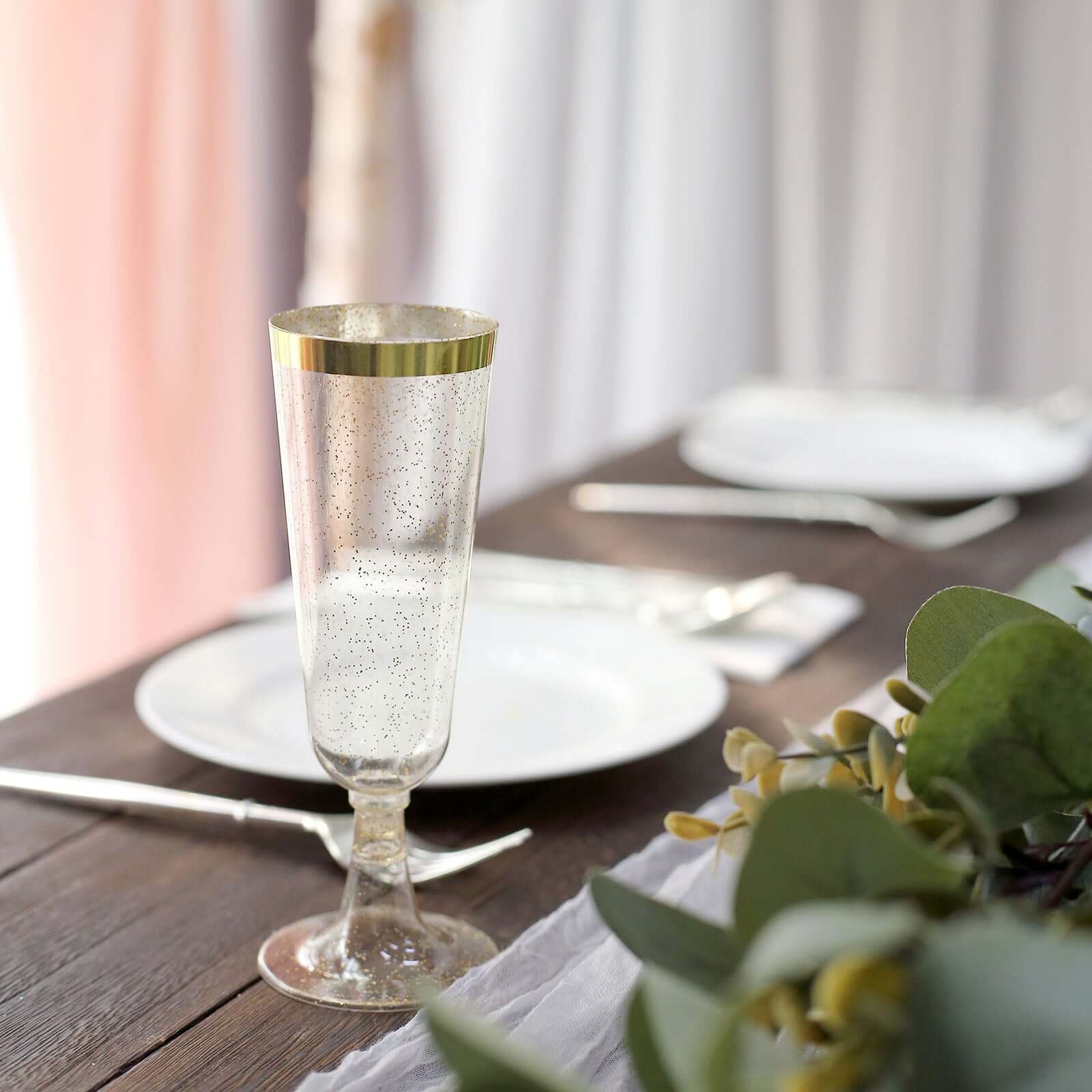 Hot Sale! 12-Pack Disposable Plastic Champagne Flutes with Clear Body, Gold Glitter, and Gold Rim for Parties, 6oz