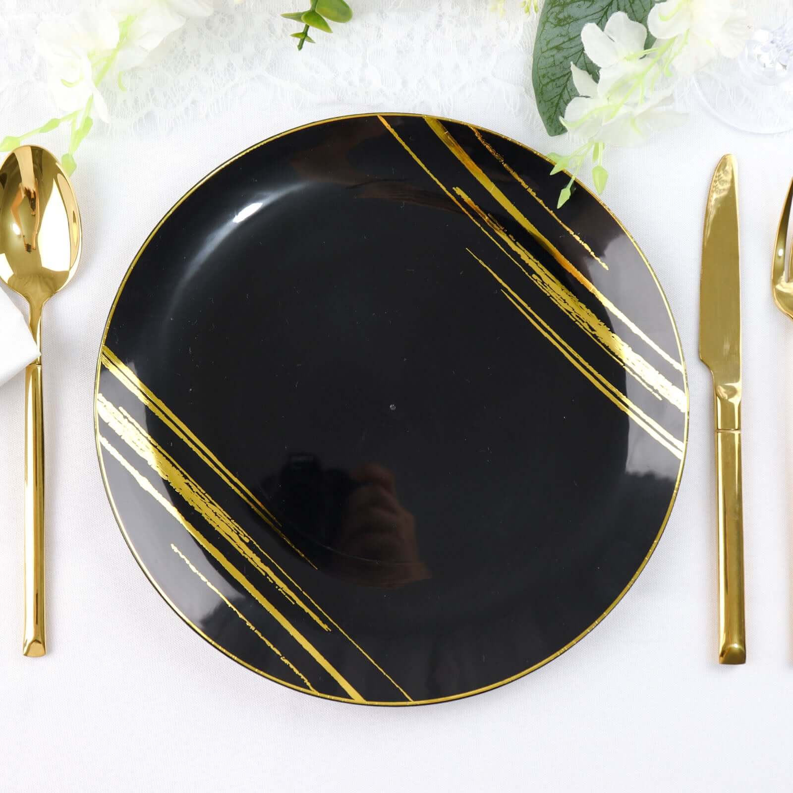 Hot Deal! 10-Pack Disposable Black Plastic Round Dinner Plates with Gold Brush Print