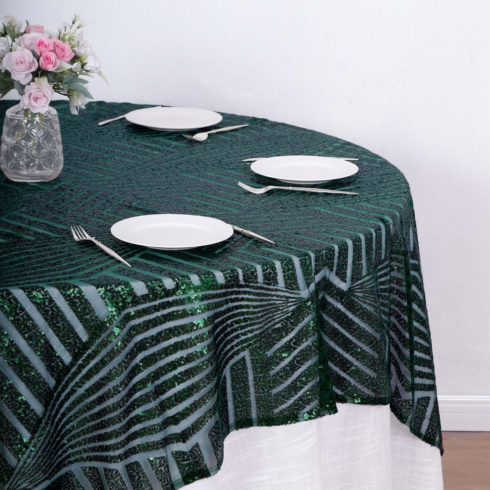 72-Inch Square Hunter Emerald Green Diamond-Pattern Sequin Table Overlay Topper