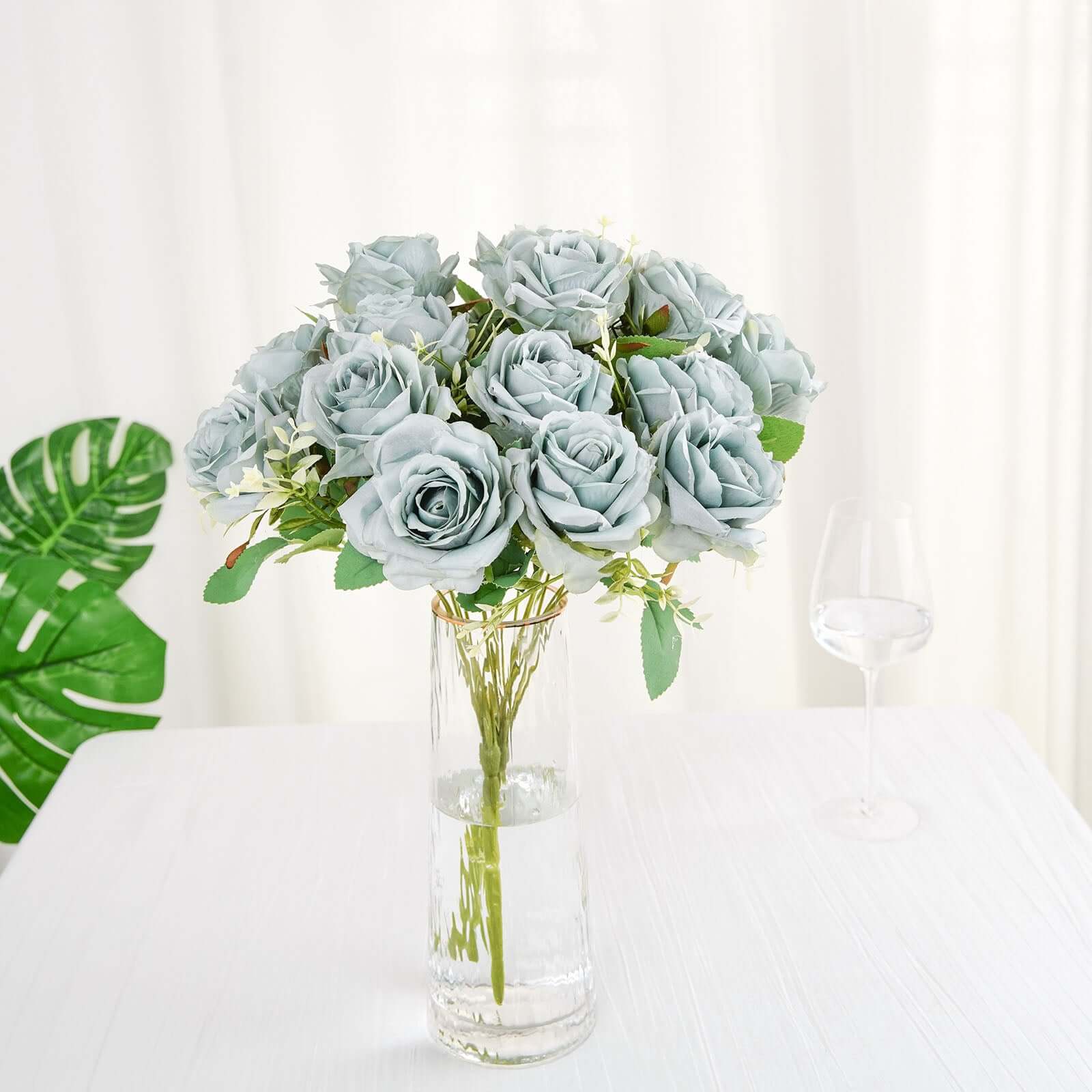 Hot Sale! 2 Bushes Silk Artificial Rose Flower Bouquet in Light Dusty Blue with 18 Real - Touch Blooms