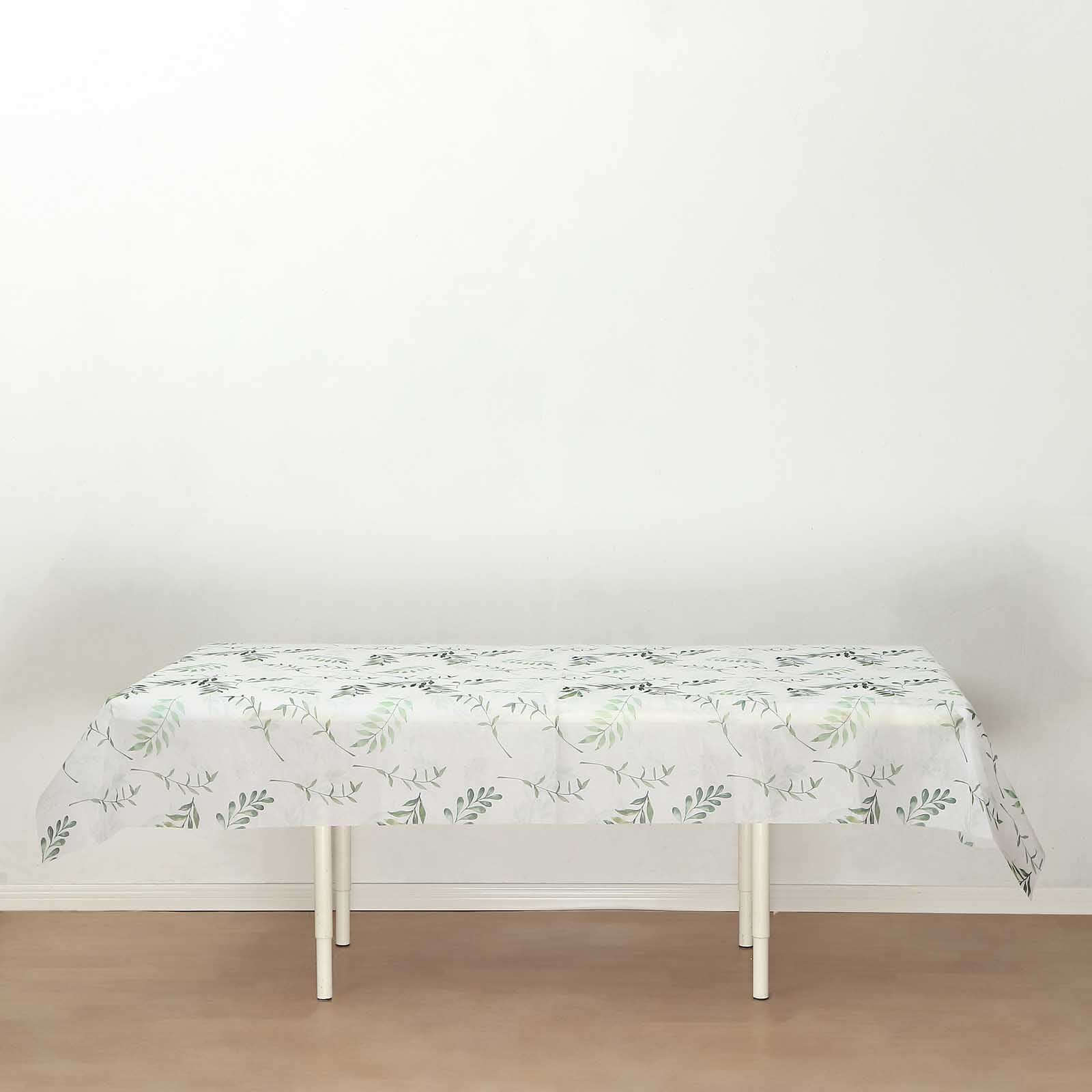 Hot Deal! Disposable Non-Woven Rectangle Tablecloth in White/Green with Olive Leaves Print, 60x102 for Summer