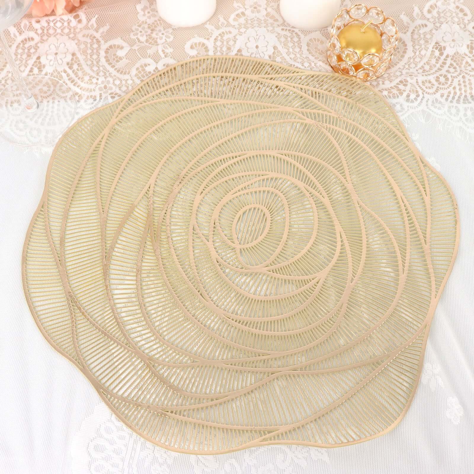 Hot Deal! 6-Pack Metallic Gold Rose Flower Vinyl Round Non-Slip Washable Dining Table Mats, 15"