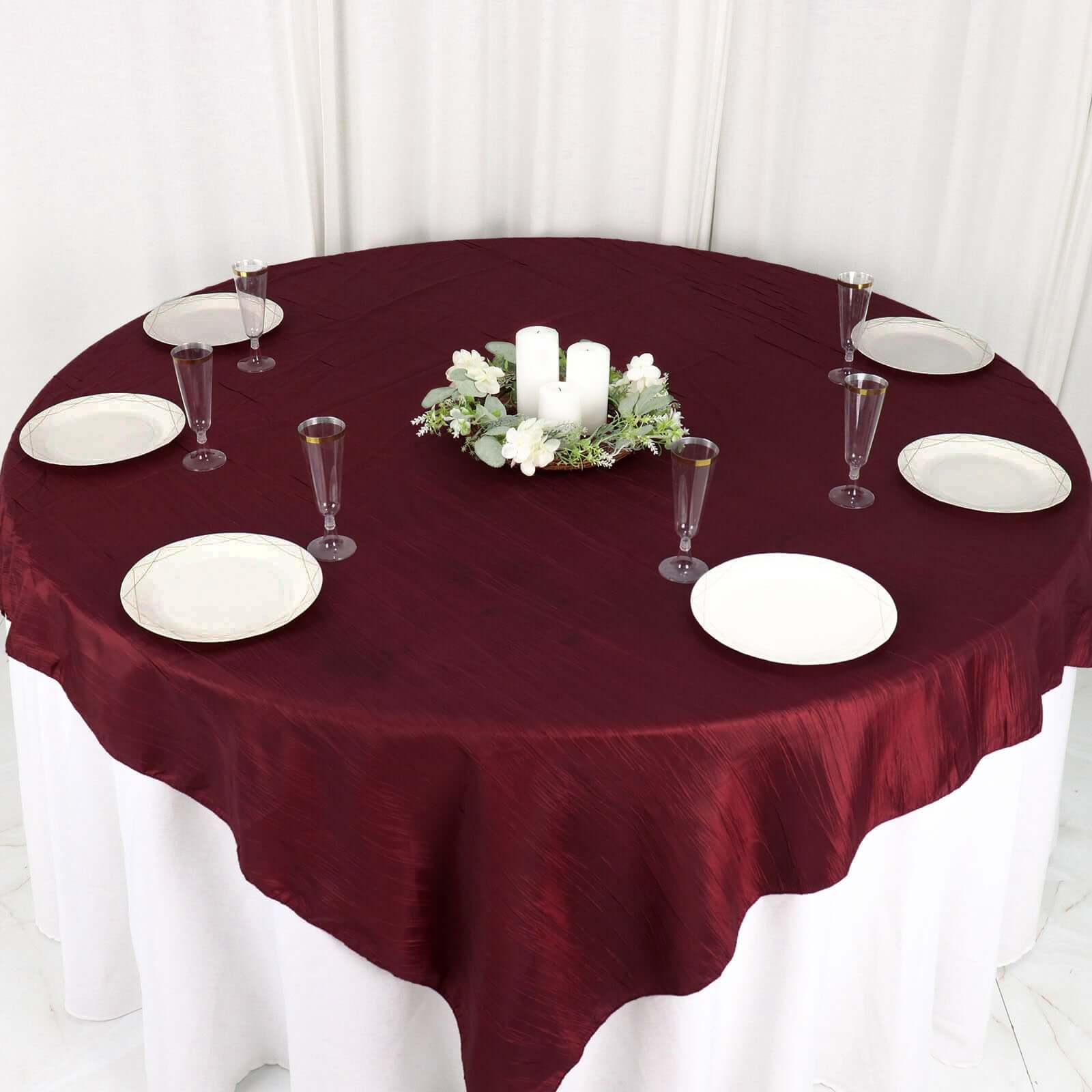 Hot! Burgundy 72x72 Square Accordion Crinkle Taffeta Table Overlay