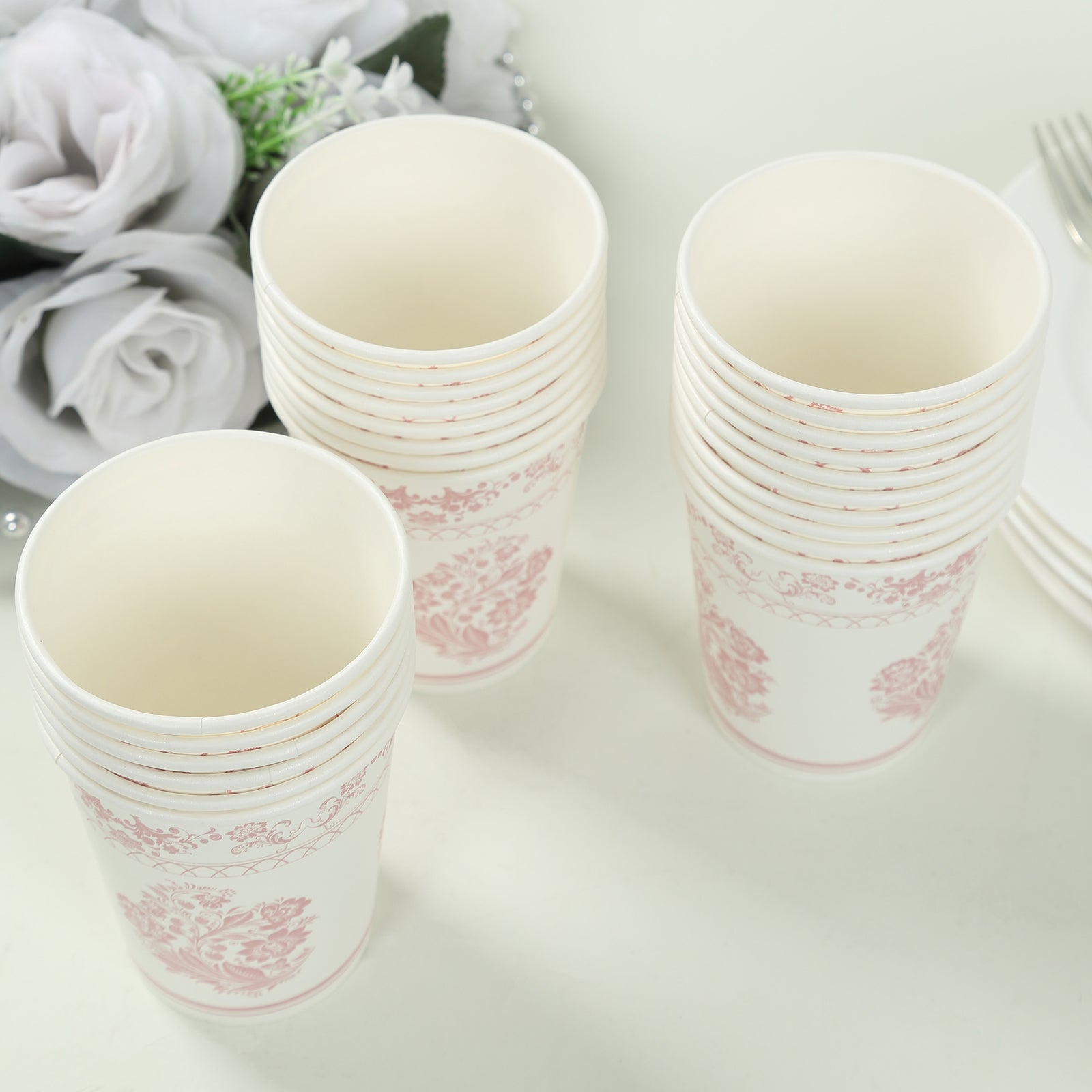 Hot Deal! 24-Pack 9oz Disposable Paper Party Cups in Elegant White Pink French Toile Pattern
