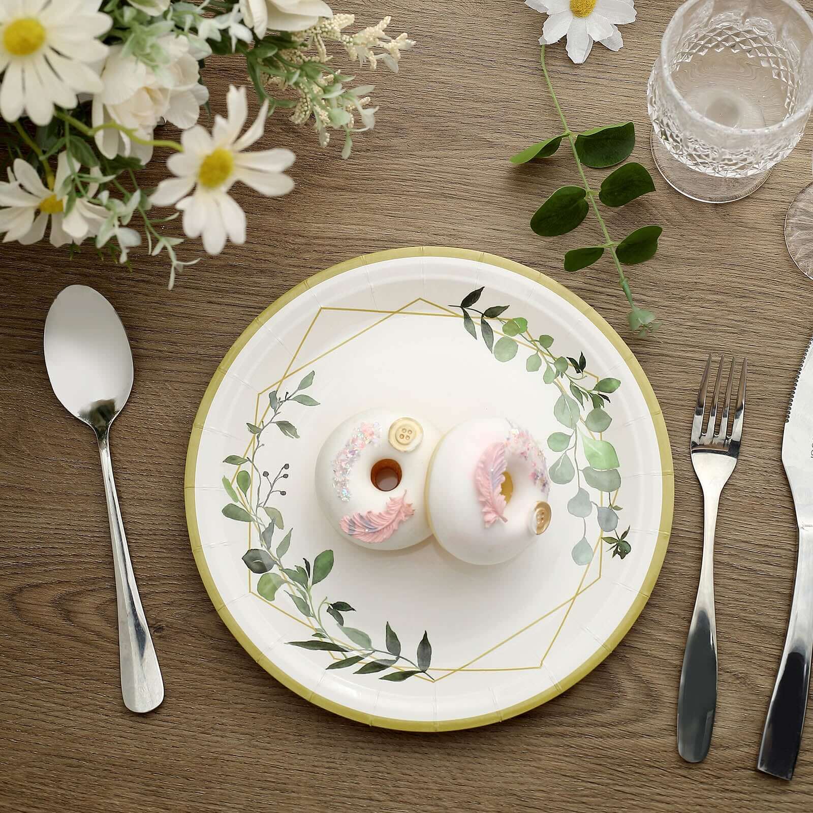 24-Pack 9-Inch White Disposable Paper Dinner Plates with Eucalyptus & Gold Rim