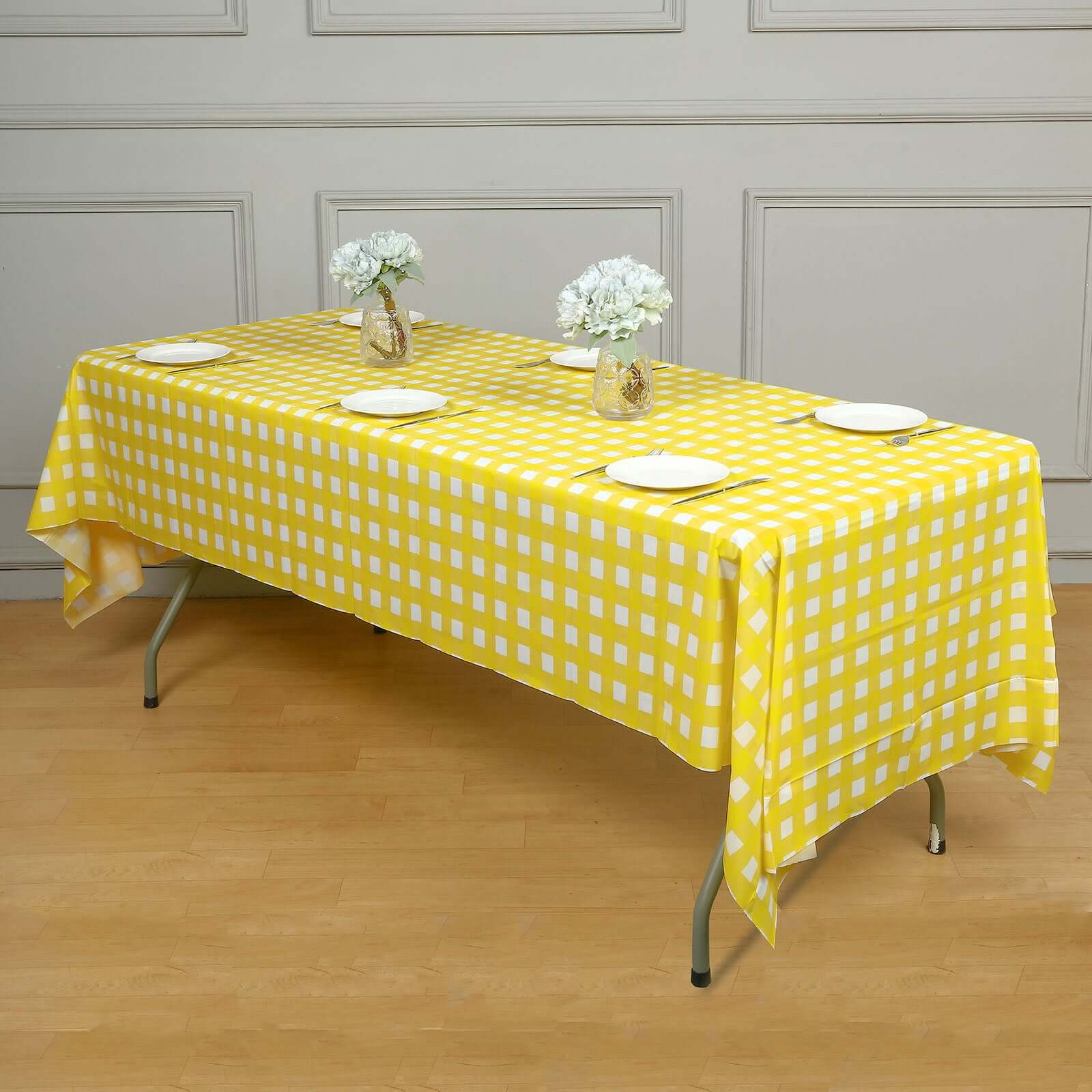 Lightweight PVC Disposable Checkered Plastic Table Cover - White/Yellow Rectangle, 54x108