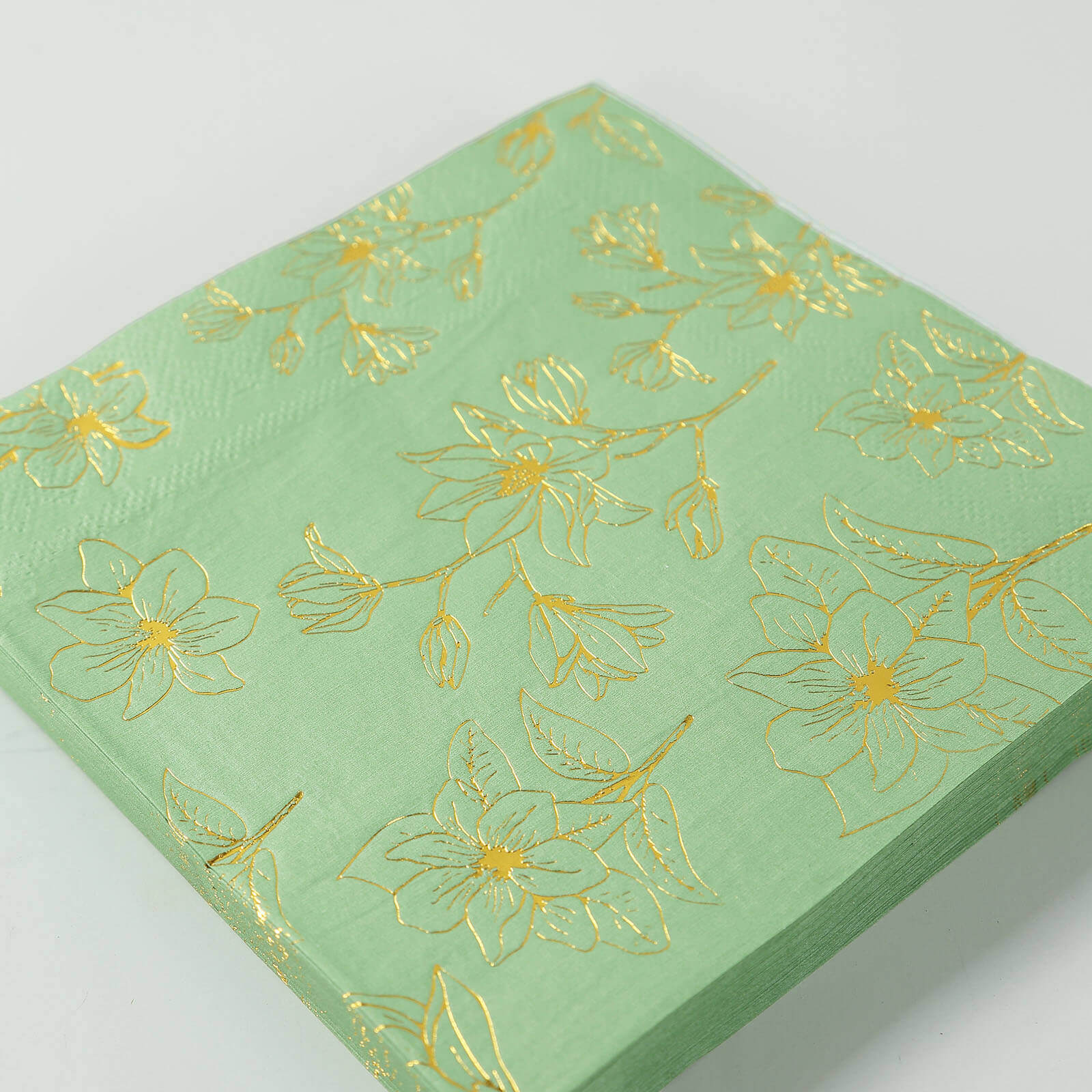 50-Pack Premium 2-Ply Absorbent Soft Paper Cocktail Napkins with Gold Magnolia Print in Sage Green
