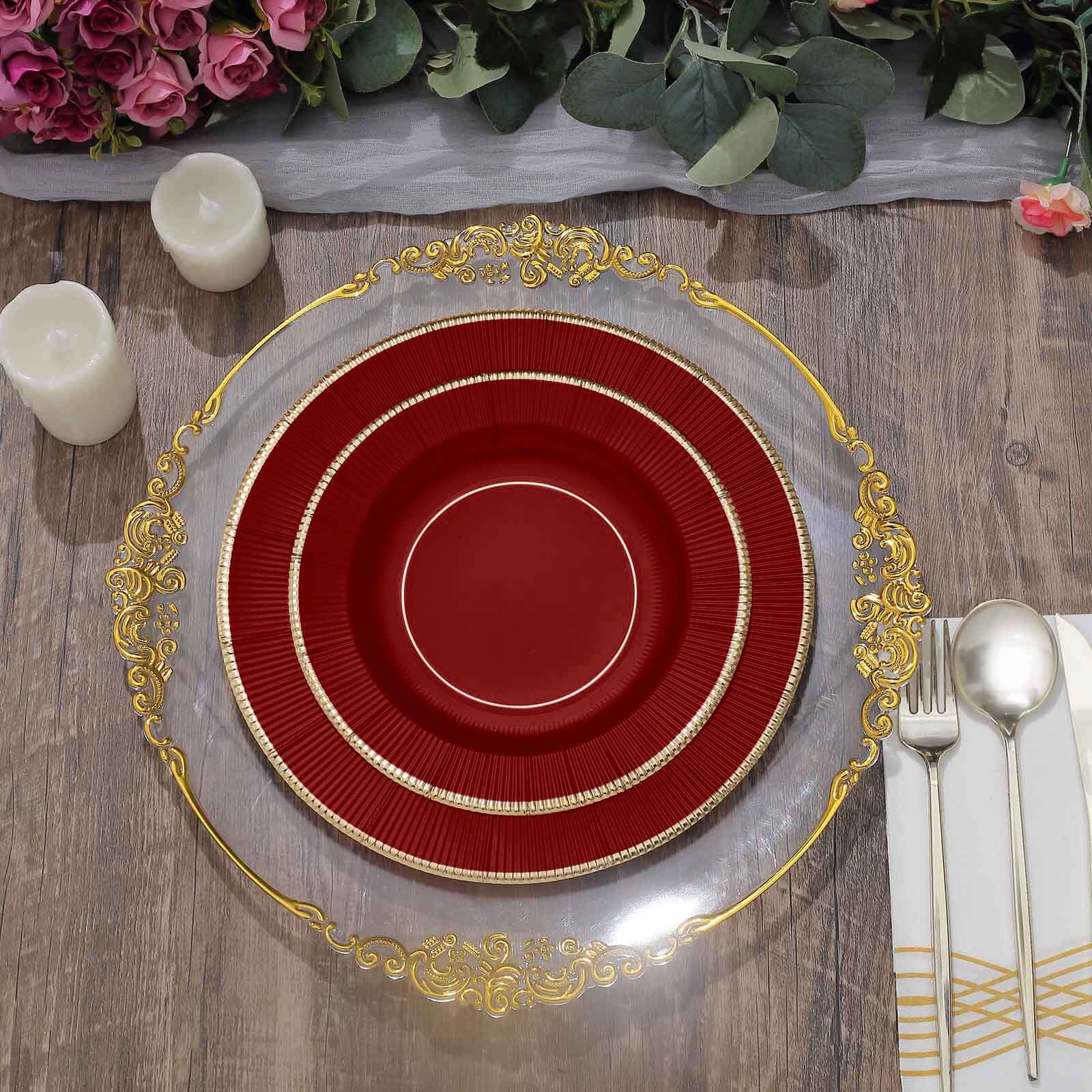 25-Pack Disposable Heavy Duty 350GSM Paper Round Dinner Plates in Burgundy Sunray Design with Gold Rim - Perfect for Parties