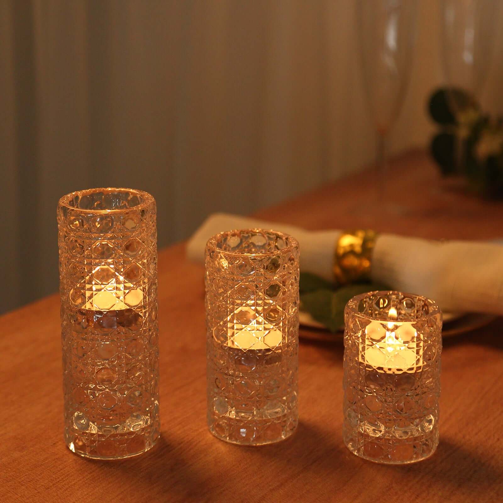 Hot Deal! Set of 3 Clear Glass Taper & Tealight Candle Holders with Gemstone Pattern